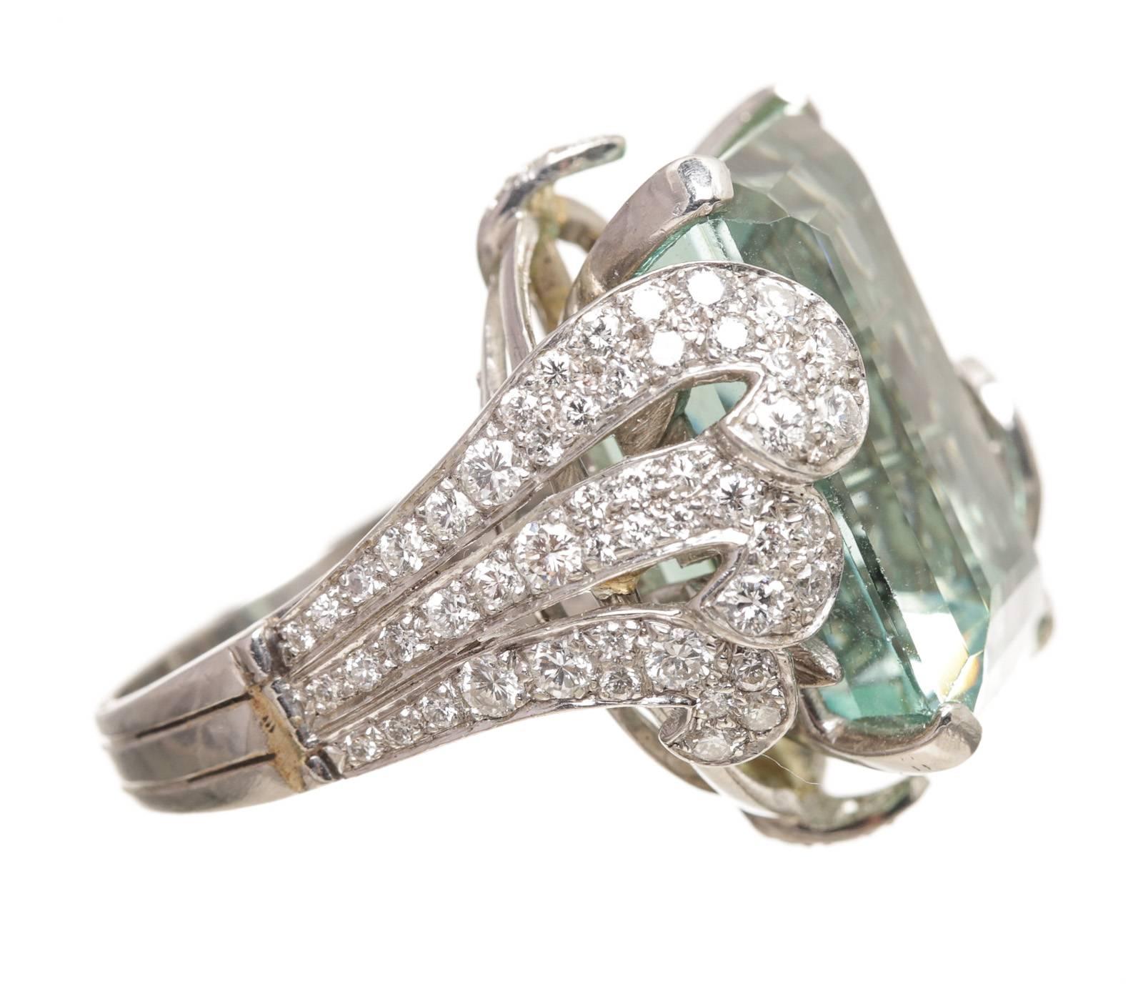 Aquamarine diamond Platinum cocktail Ring For Sale 3