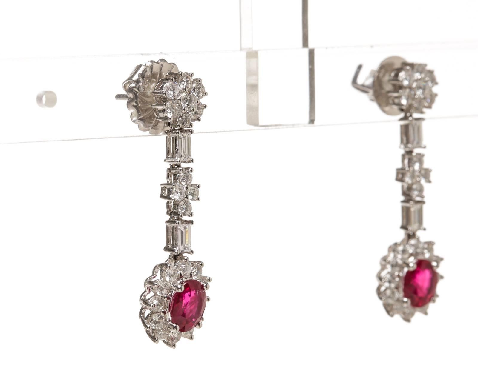 Women's Diamond Ruby Gold Drop Earrings For Sale
