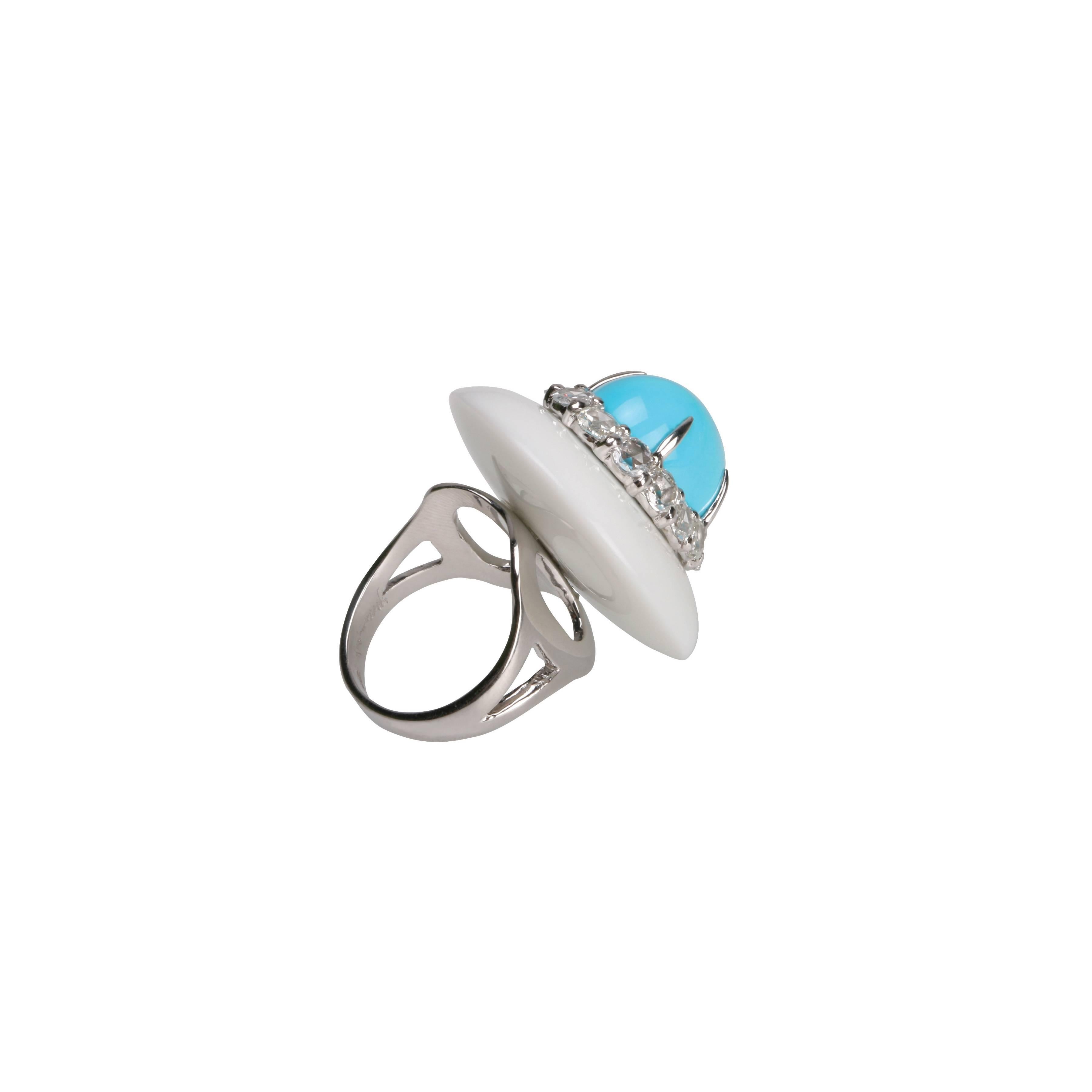 Metal: 18K White Gold
Precious Stones: Agate, Turquoise, Diamonds (1.6ct, 14 pieces)
Ring Size: Standard US Ring Size 6
Please allow for slight variations in measurements as pieces are handmade.
 
CAPRI COLLECTION © 2004
The Capri Cocktail Ring in