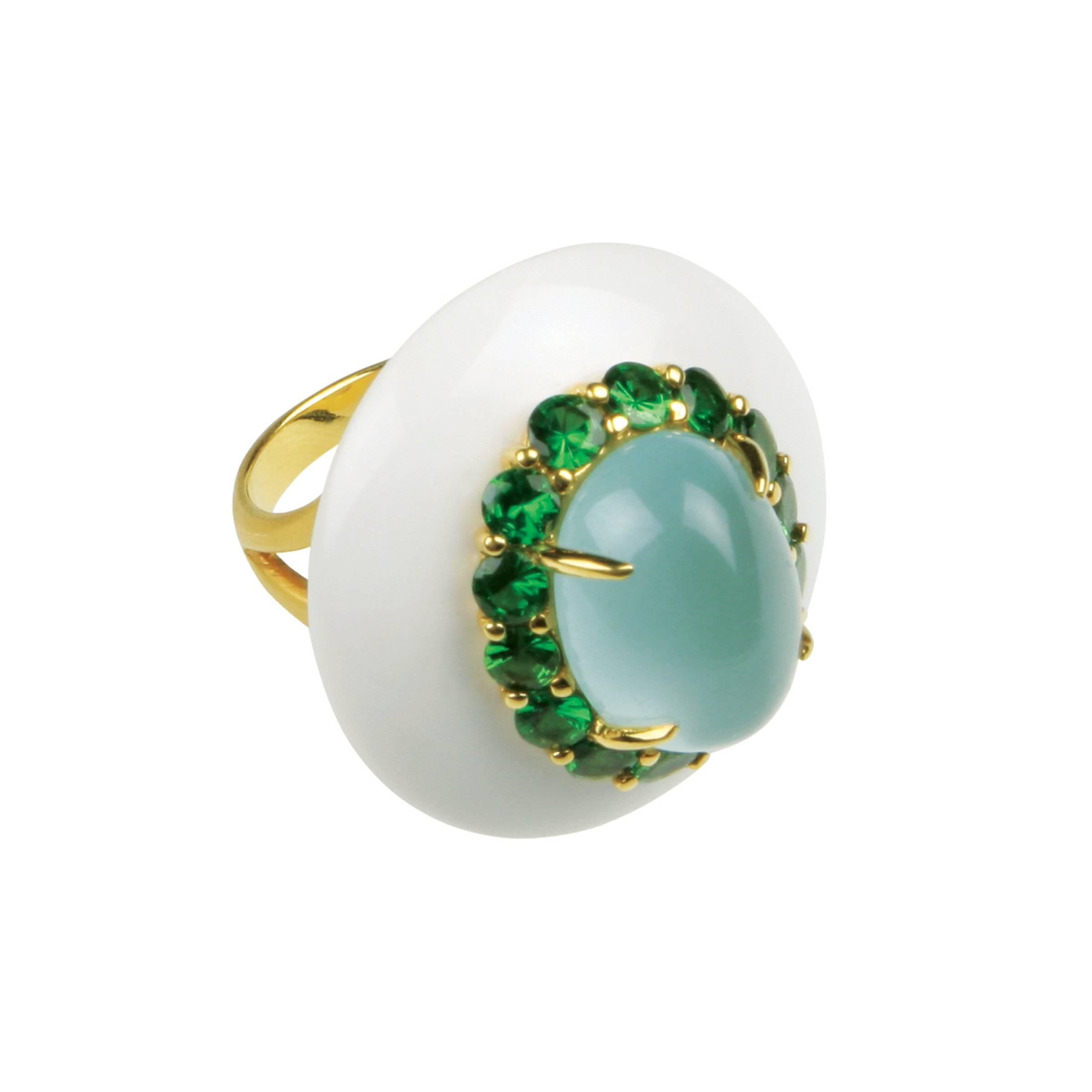 Youmna Fine Jewellery 18 Karat Gold with Agate, Milky Aquamarine & Garnets Ring For Sale