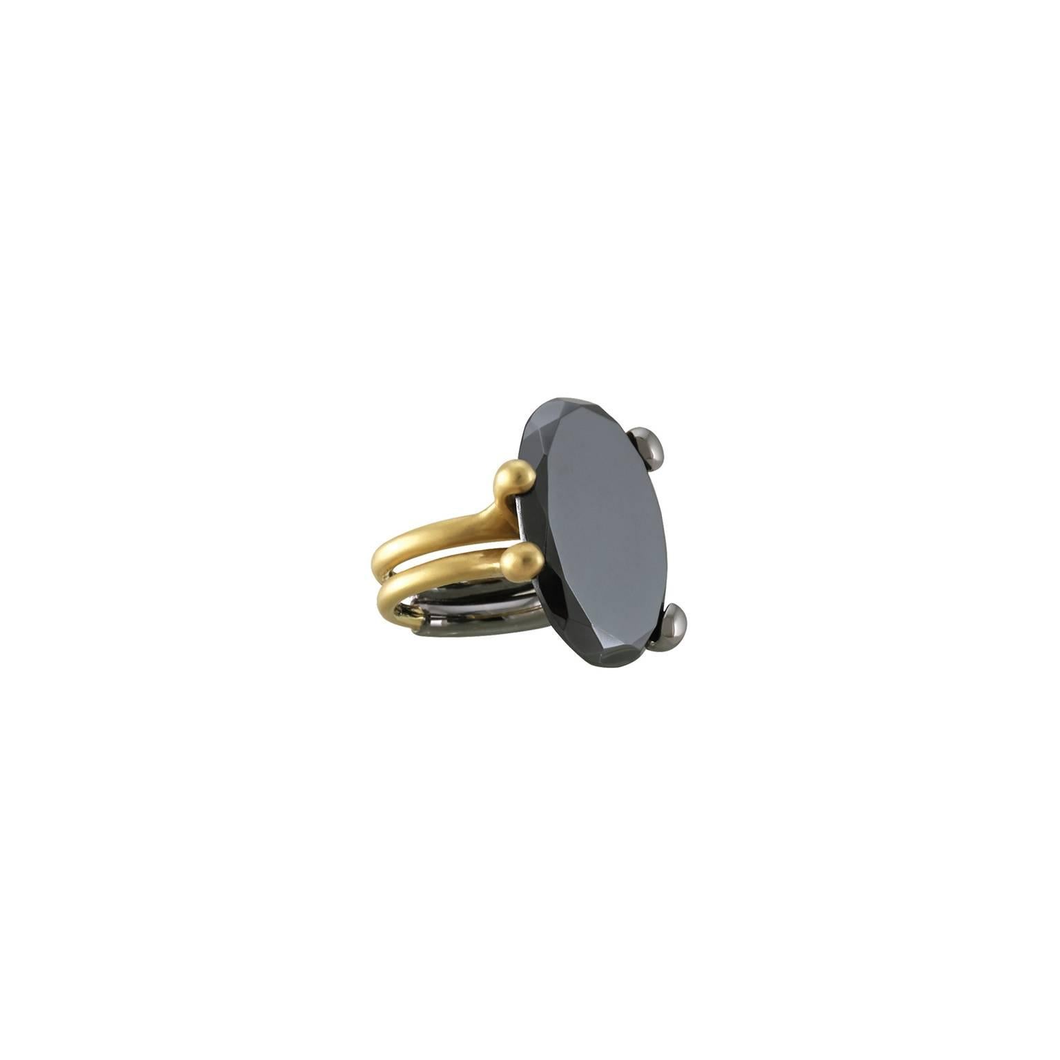 Youmna Fine Jewellery 18 Karat Yellow Gold with Hematite Statement Ring For Sale