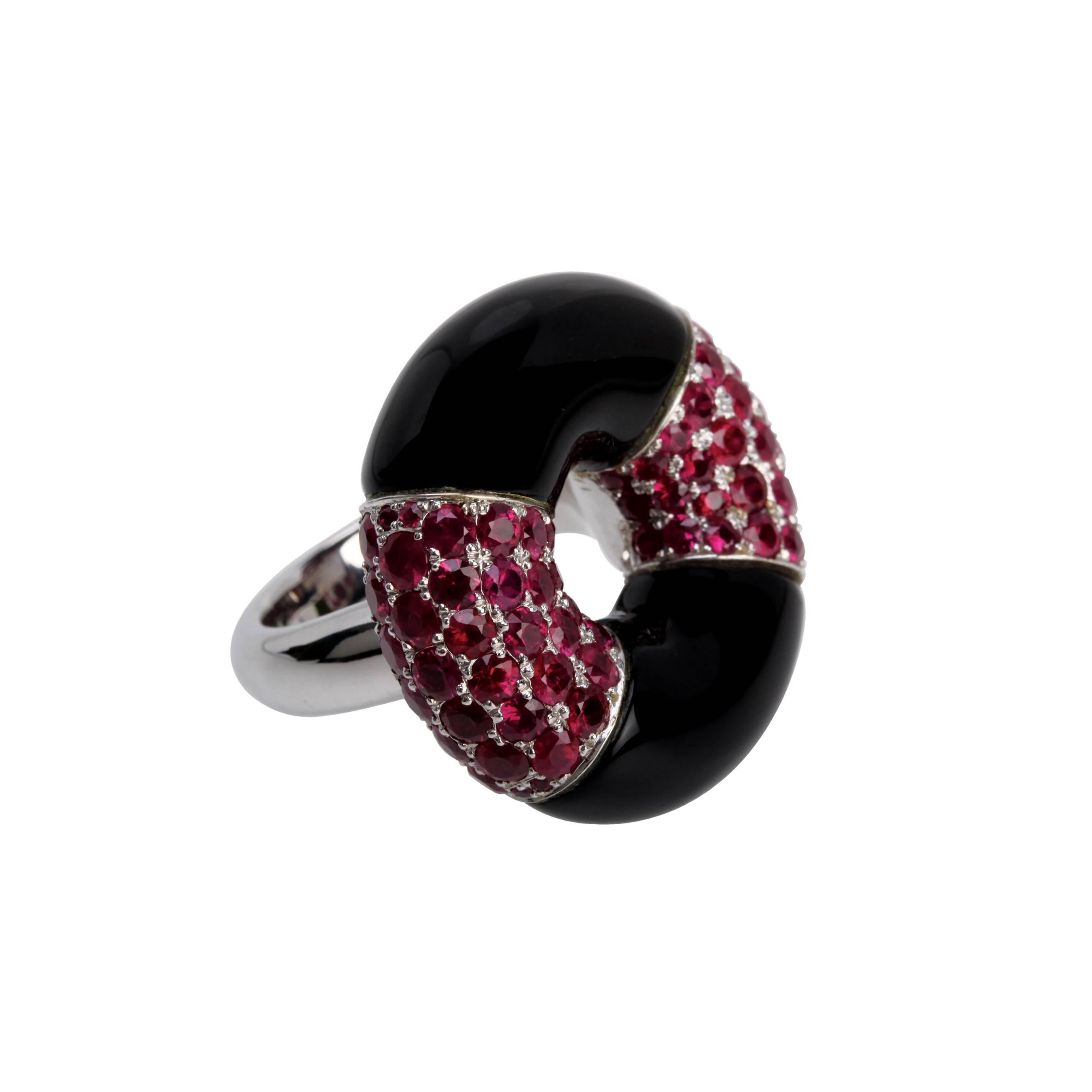 Youmna Fine Jewellery 18 Karat White Gold with Onyx and Rubies Cocktail Ring For Sale