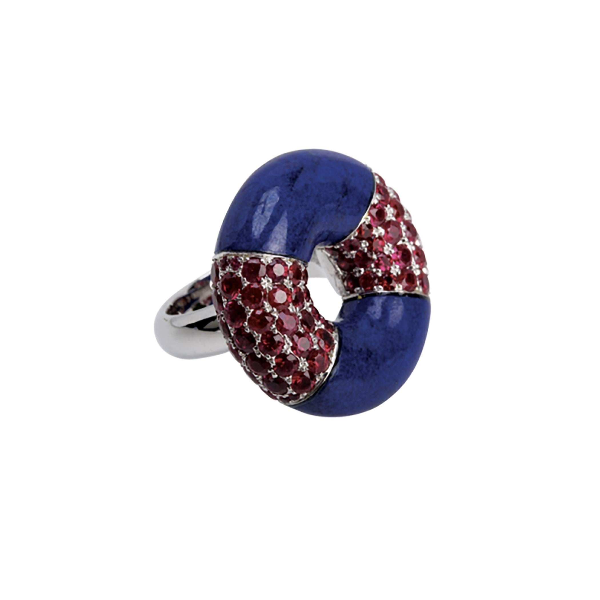 Youmna Fine Jewellery 18 Karat White Gold with Lapis and Rubies Cocktail Ring For Sale