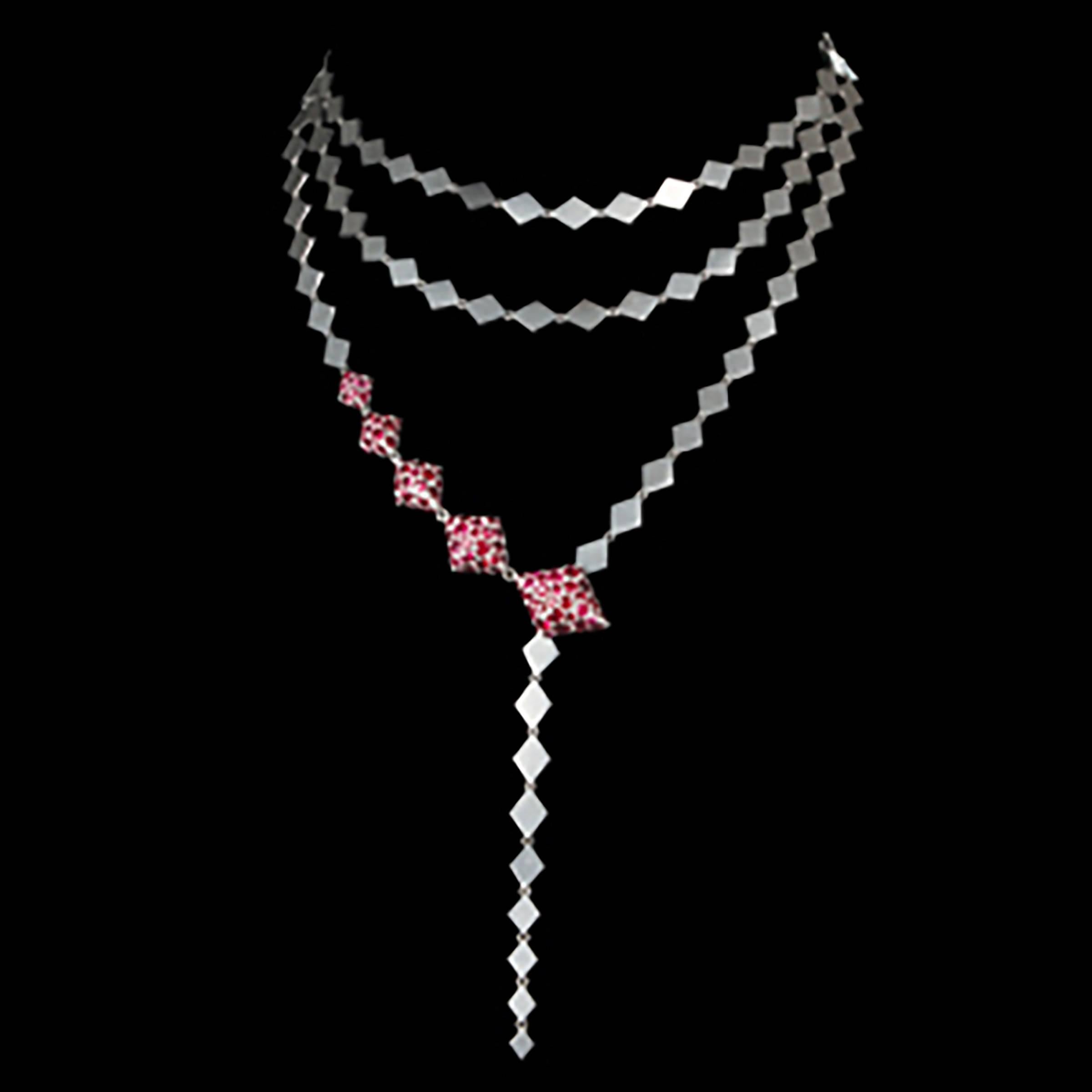 Youmna 18 Karat White Gold and Rubies Detachable Drop Earrings Necklace Suite For Sale 2