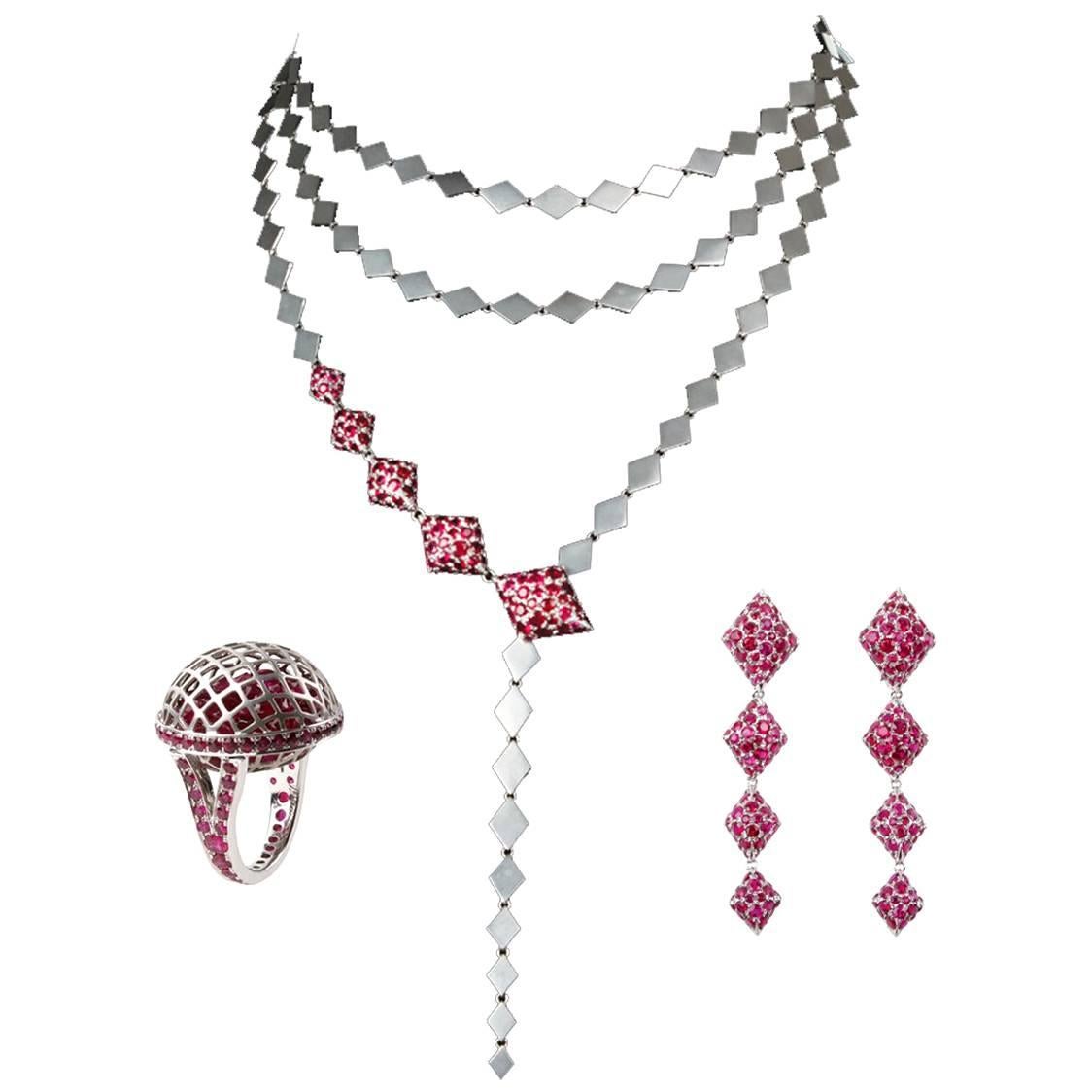 Youmna 18 Karat White Gold and Rubies Detachable Drop Earrings Necklace Suite For Sale
