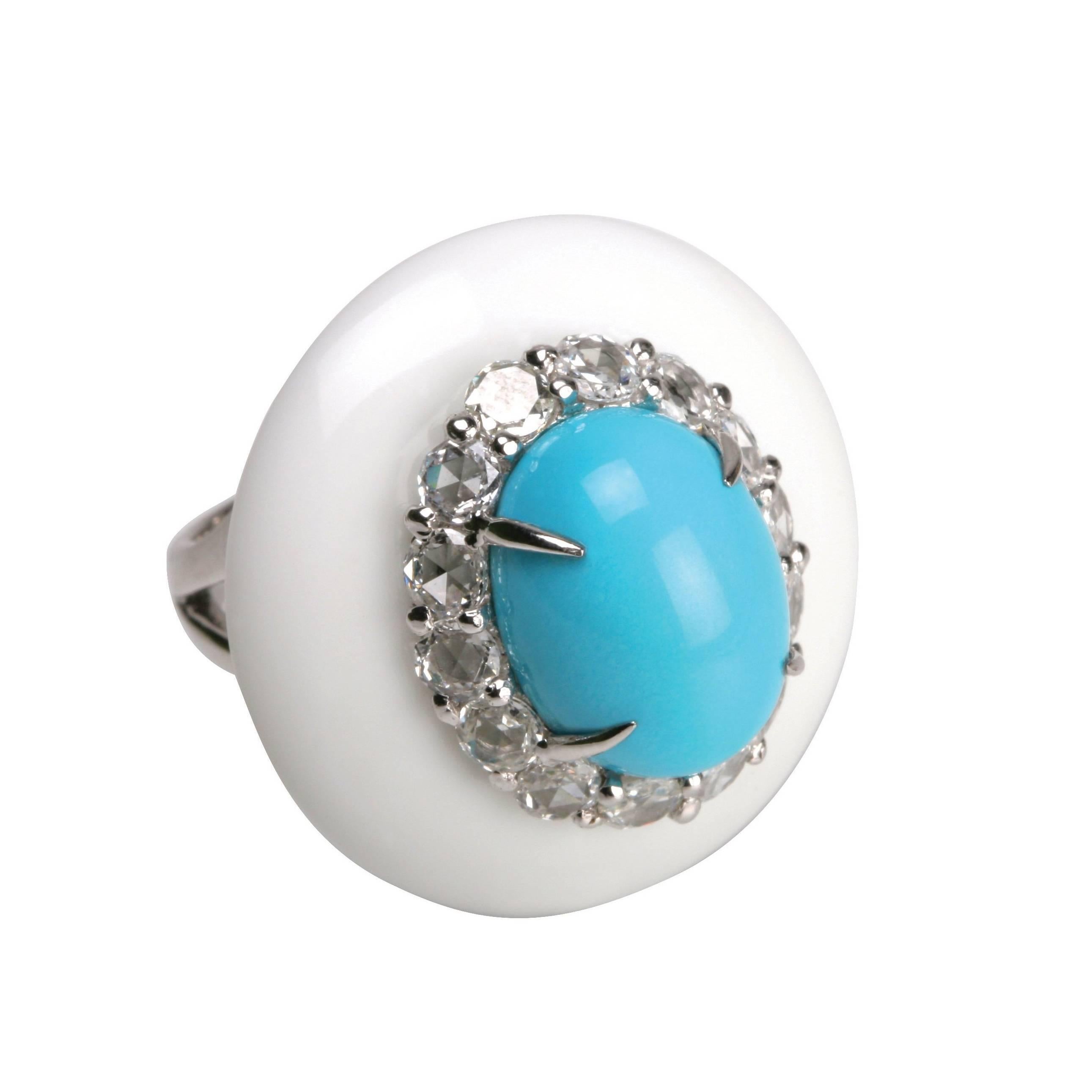 Metal: 18K White Gold
Ring Precious Stones: Agate, Turquoise, Diamonds (1.6ct, 14 pieces)
Ring Size: Standard US Ring Size 6
Earrings Precious Stones: Turquoise, Diamonds (3.6ct, 28 pieces)
Please allow for slight variations in measurements as