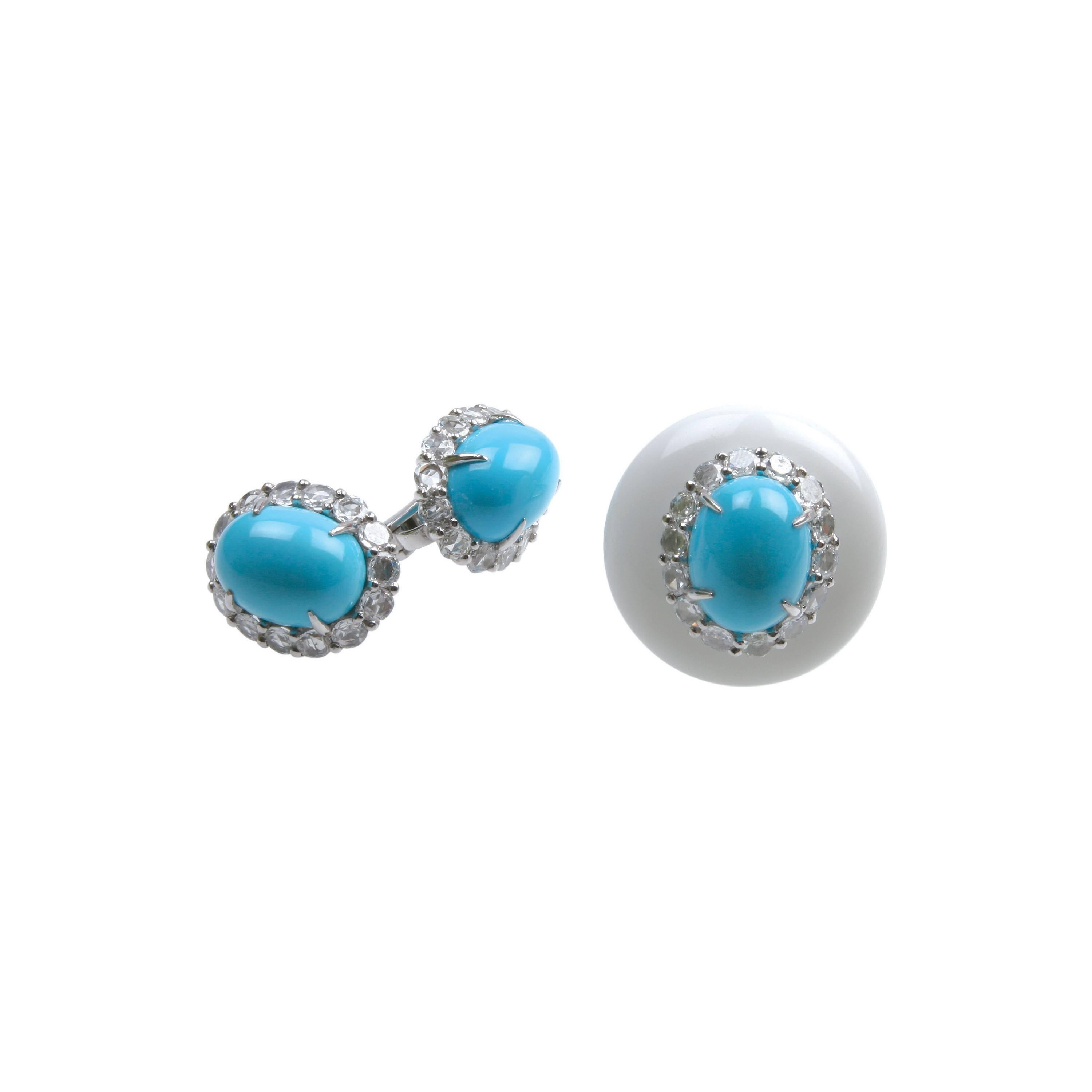 Rose Cut Youmna Fine Jewellery 18K White Gold, Turquoise, Diamonds Ring & Earrings Suite For Sale