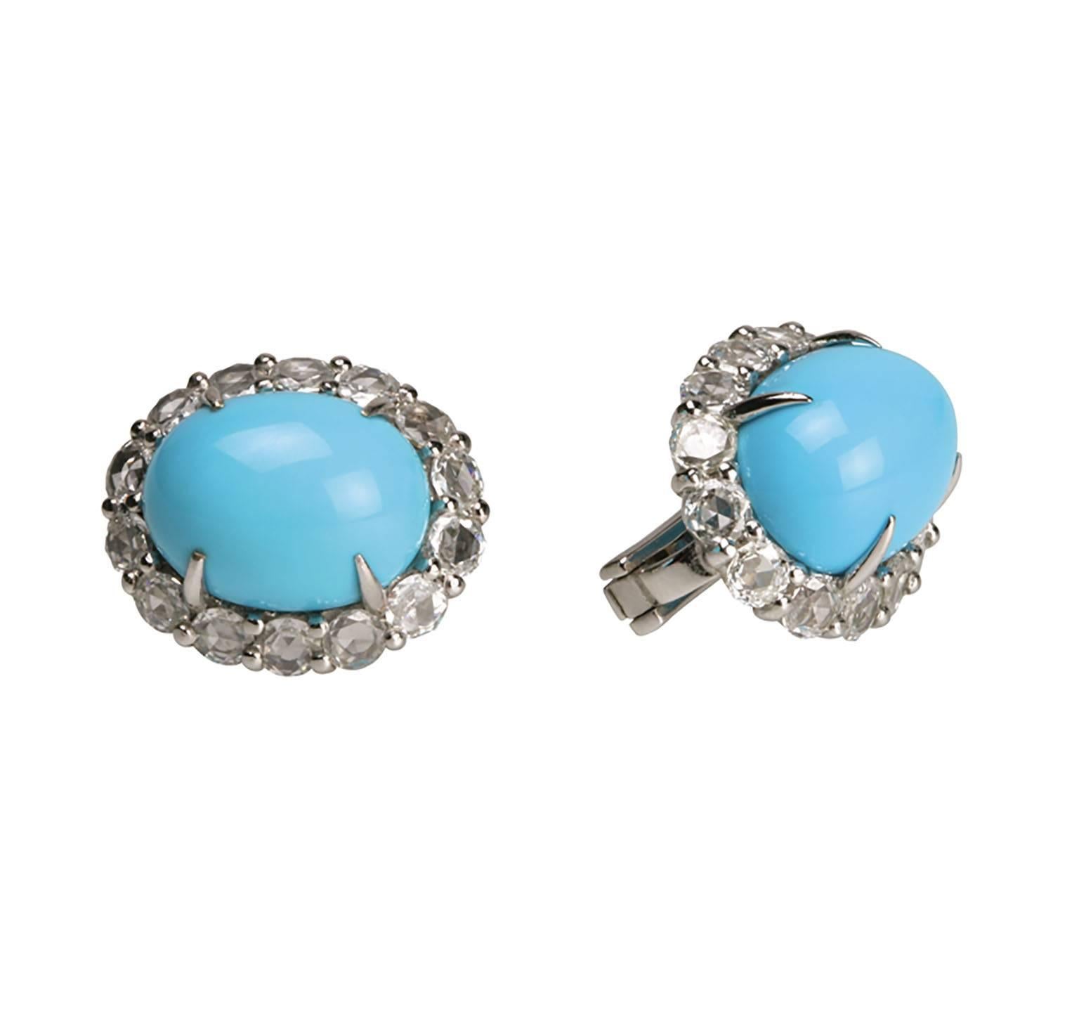 Modern Youmna Fine Jewellery 18K White Gold, Turquoise, Diamonds Ring & Earrings Suite For Sale