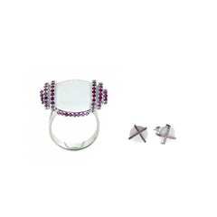 Youmna Fine Jewellery 18 Karat White Gold, Agate & Rubies Ring and Earrings Set