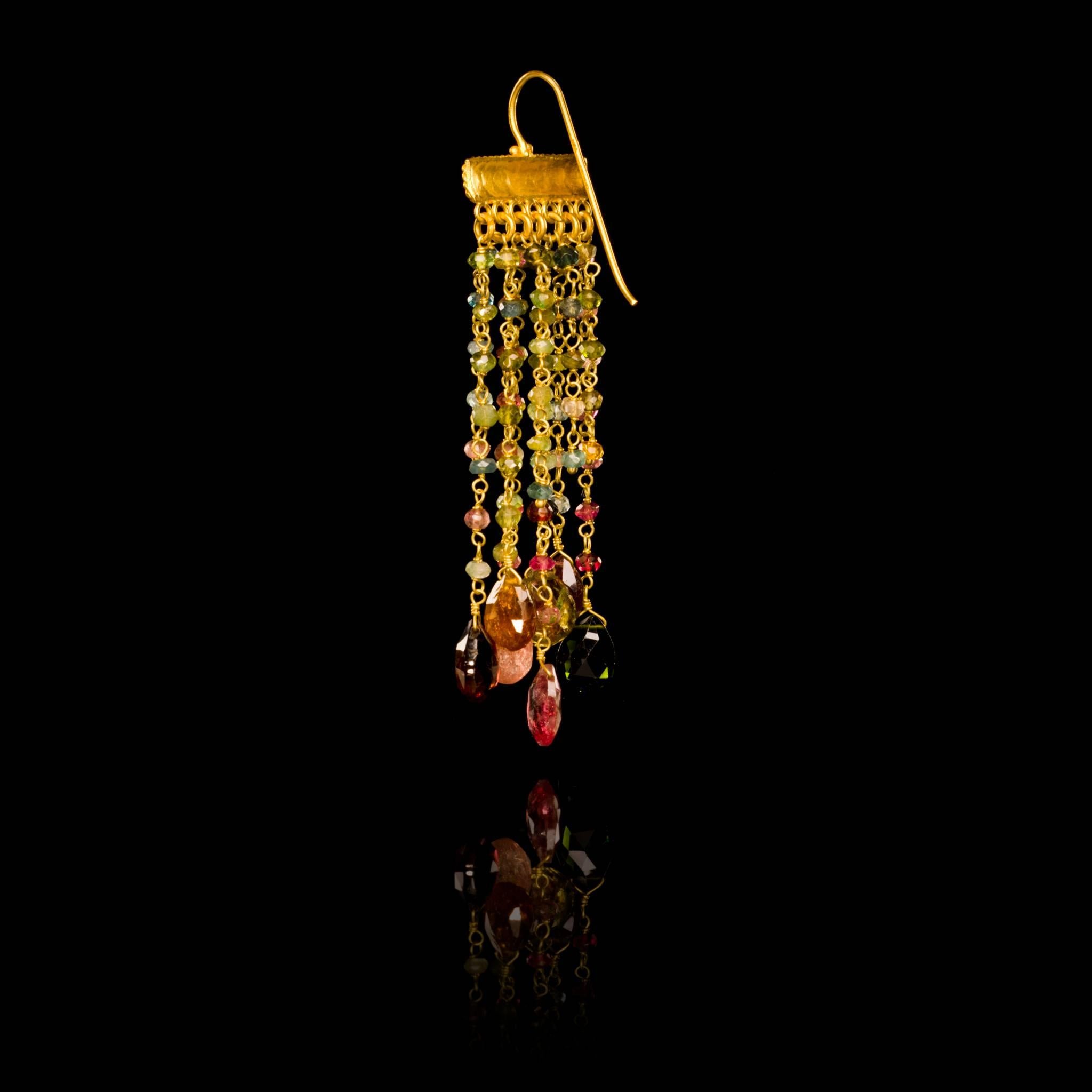 Contemporary Dancing Apsara Tourmaline and Gold Chandelier Bead Earrings For Sale