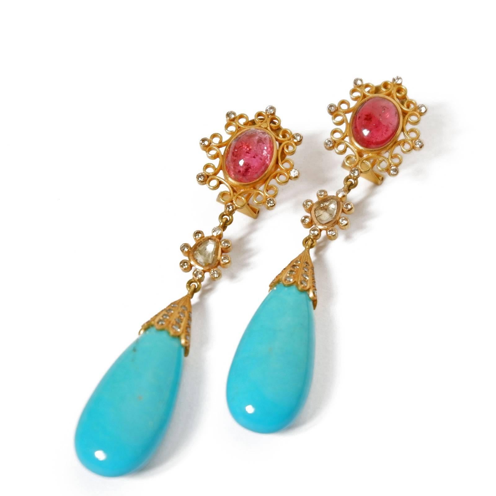 Contemporary Dancing Apsara Diamond Gold Tourmaline and Turquoise Drop Earrings