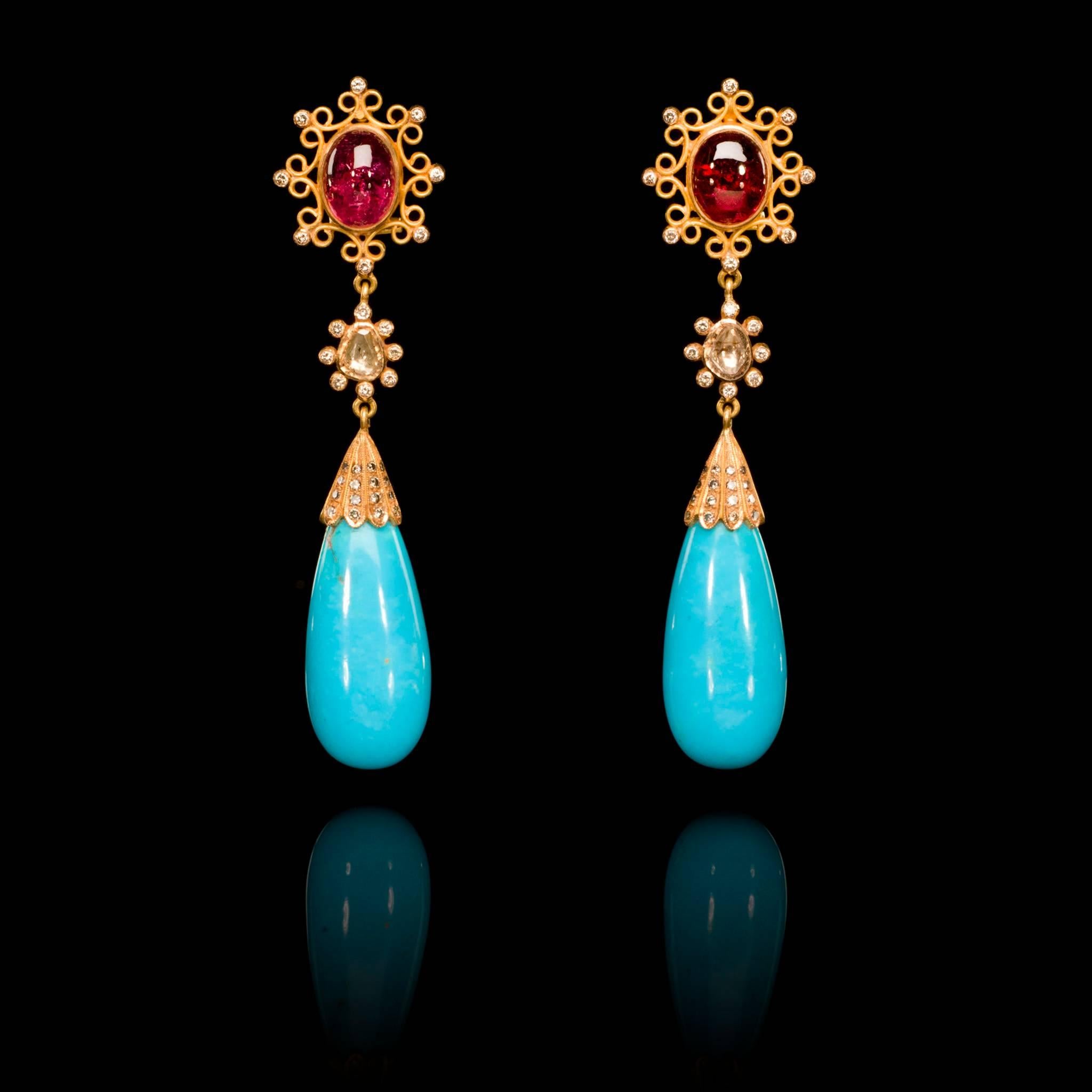 Women's Dancing Apsara Diamond Gold Tourmaline and Turquoise Drop Earrings