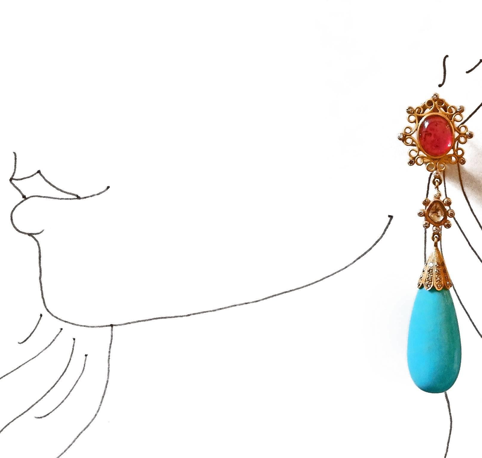 Dancing Apsara Diamond Gold Tourmaline and Turquoise Drop Earrings In New Condition In London, Stockholm