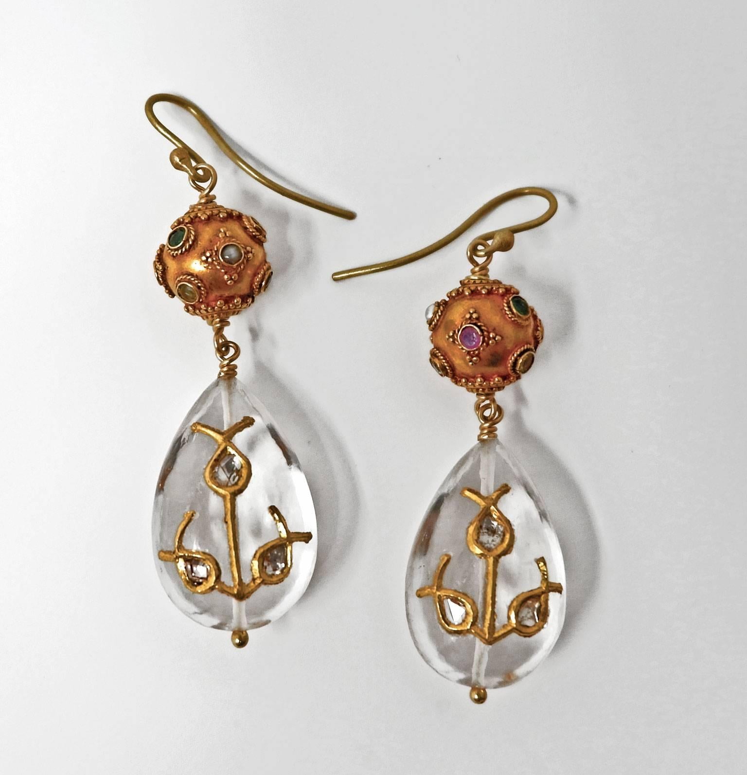 Dancing Apsara Diamond, Yellow Gold and Precious Stone Drop Bead Earrings In New Condition In London, Stockholm