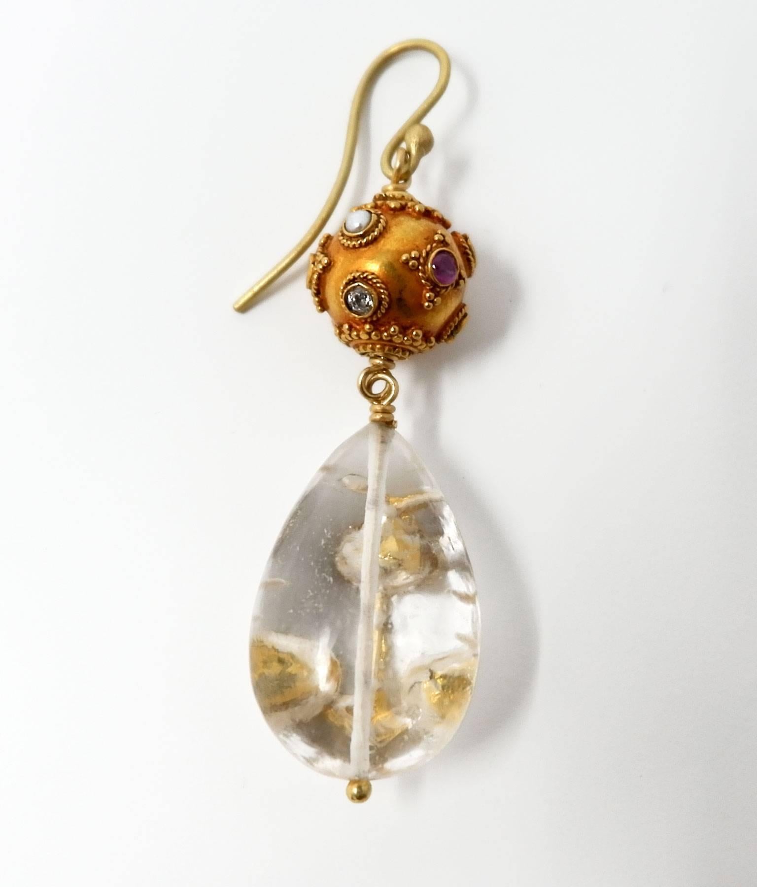 Women's Dancing Apsara Diamond, Yellow Gold and Precious Stone Drop Bead Earrings