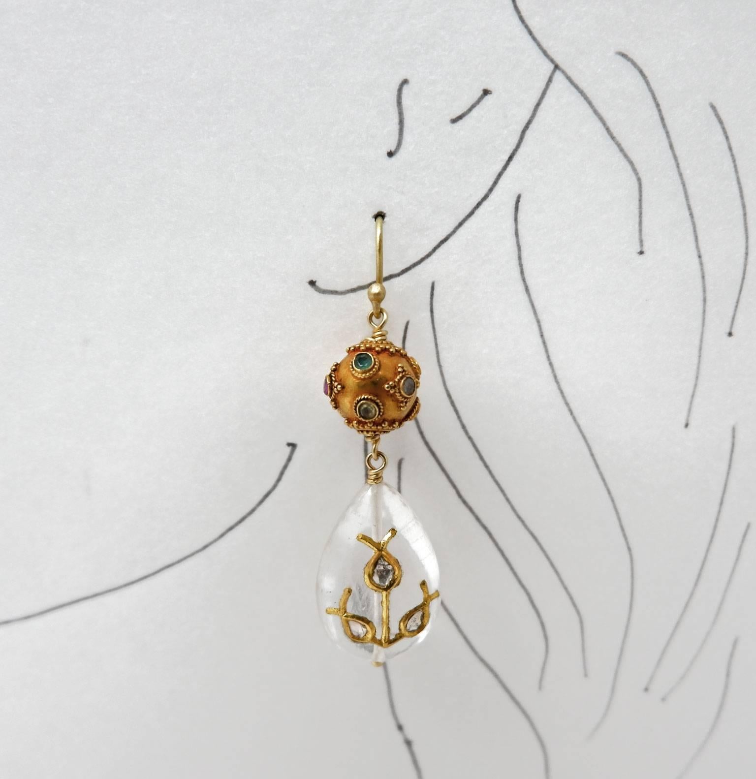 Contemporary Dancing Apsara Diamond, Yellow Gold and Precious Stone Drop Bead Earrings