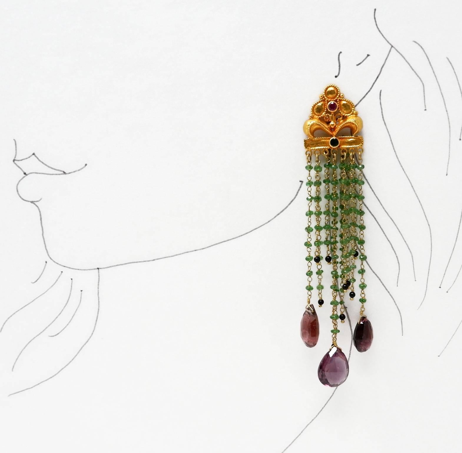 Contemporary Tsavorire, Tourmaline, Ruby and Gold Bead Earrings