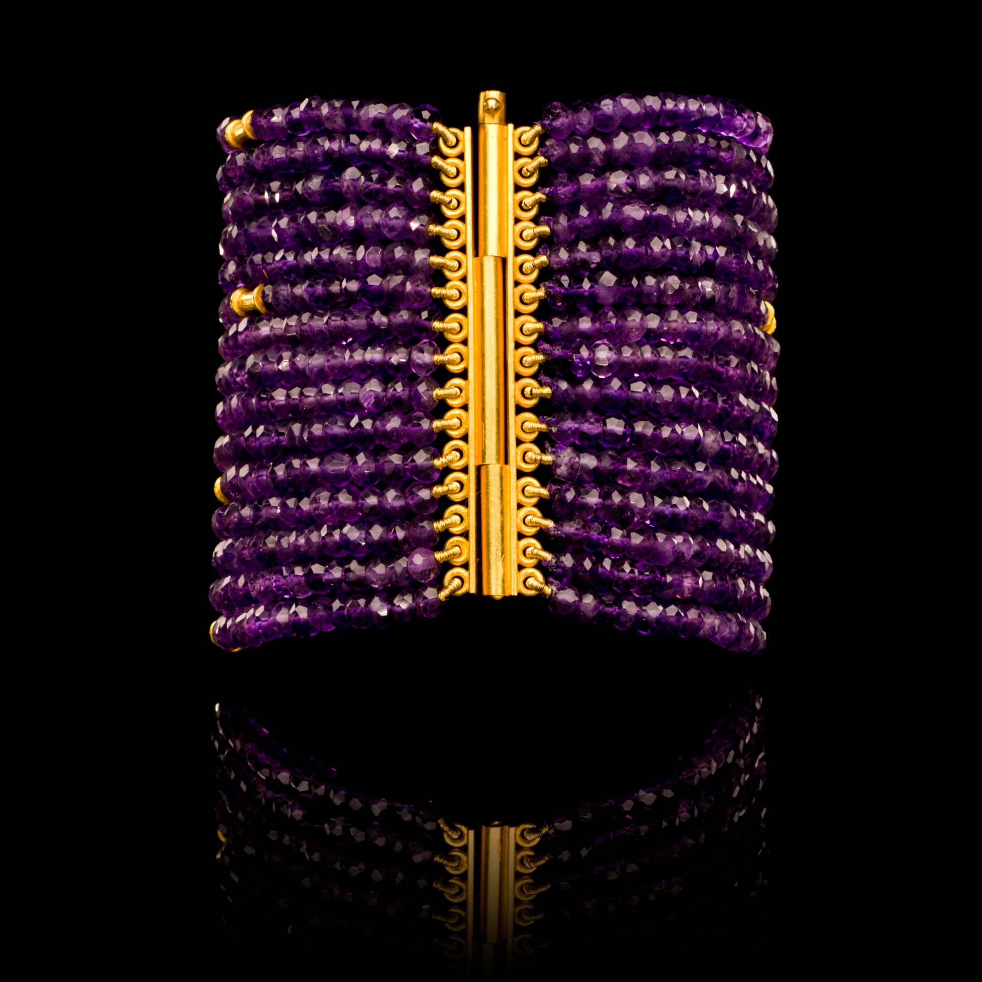 Contemporary Dancing Apsara Gold and Amethyst Cuff Bead Bracelet
