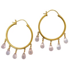 Dancing Apsara Matte Gold and Rose Quartz Hoop Briolette Bead Earrings