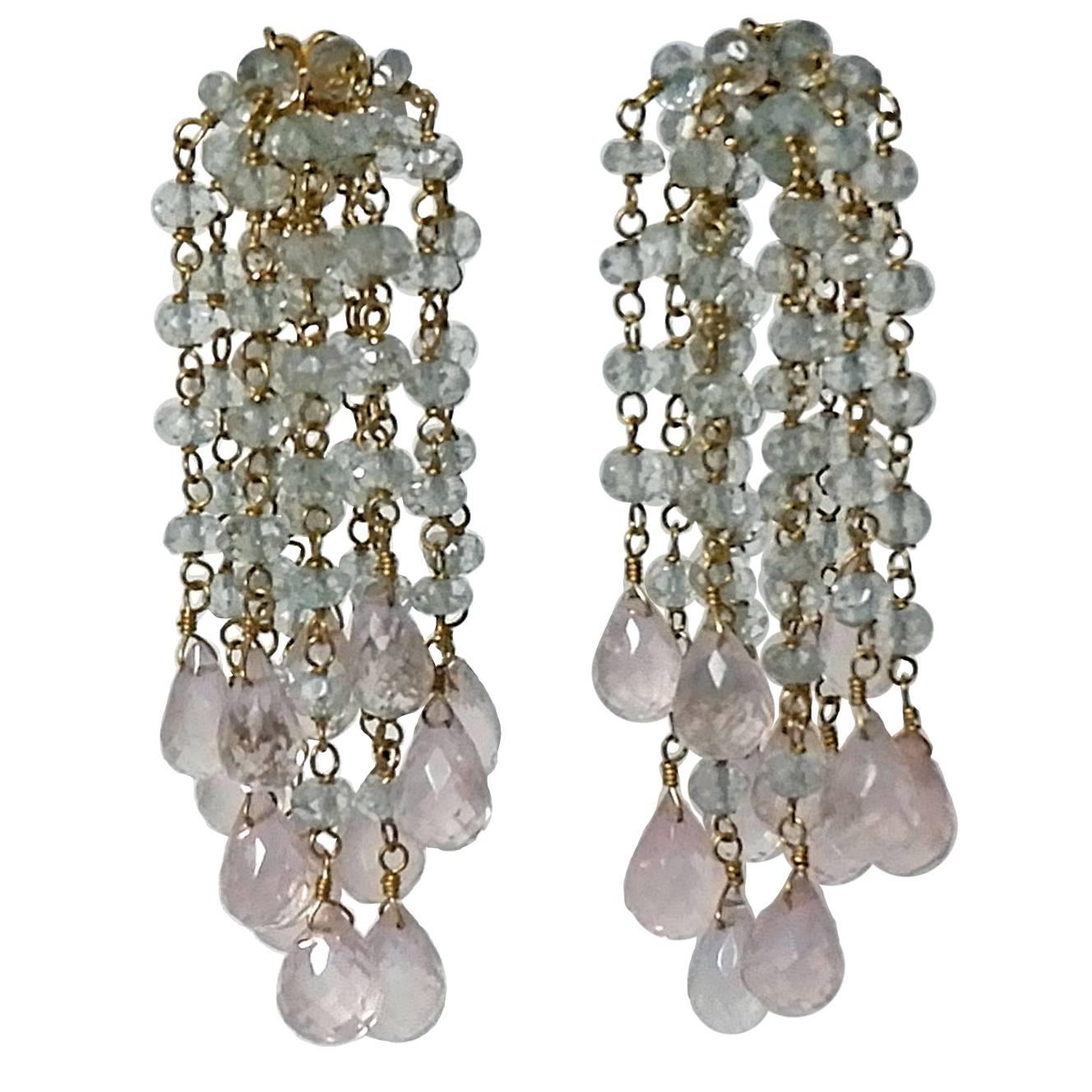 Dancing Apsara Aquamarine Yellow Gold and Rose Quartz Bead Drop Earrings For Sale