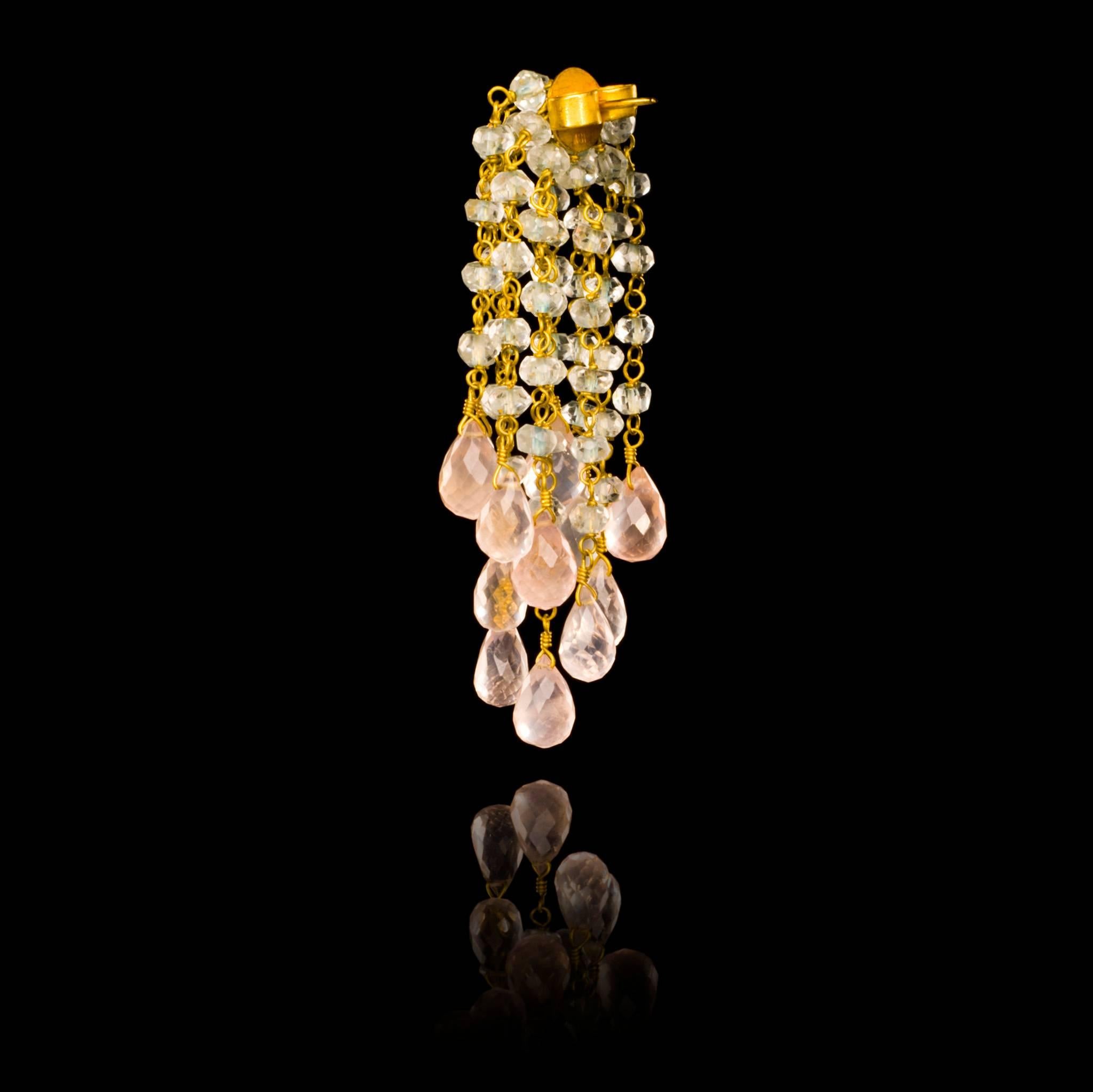 Contemporary Dancing Apsara Aquamarine Yellow Gold and Rose Quartz Bead Drop Earrings For Sale