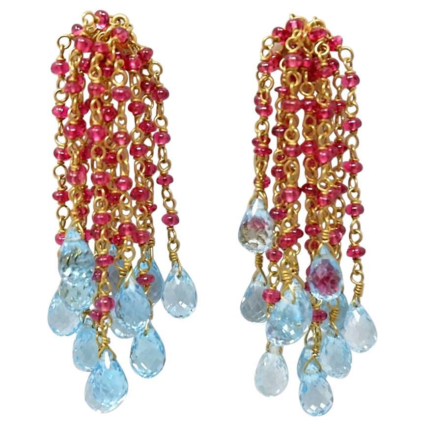 Red Spinel Blue Topaz and Yellow Gold Bead Drop Earrings For Sale