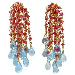 Red Spinel Blue Topaz and Yellow Gold Bead Drop Earrings