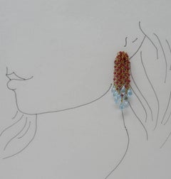 Red Spinel Blue Topaz and Yellow Gold Bead Drop Earrings