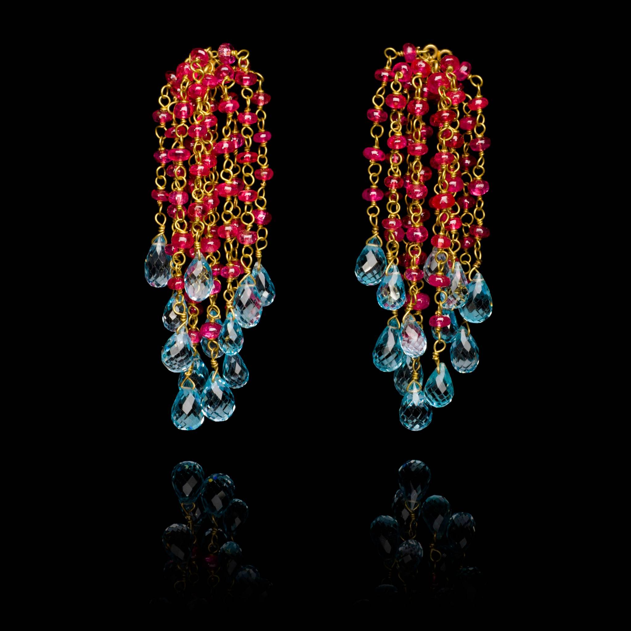 Contemporary Red Spinel Blue Topaz and Yellow Gold Bead Drop Earrings For Sale