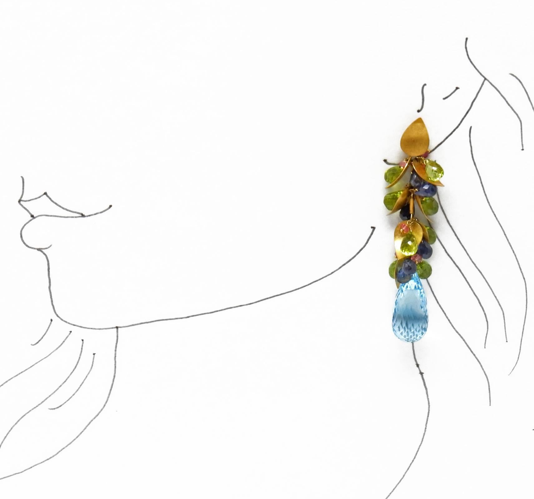 Contemporary Dancing Apsara Tourmaline Peridot Iolite Topaz and 18K Gold Bead Drop Earrings