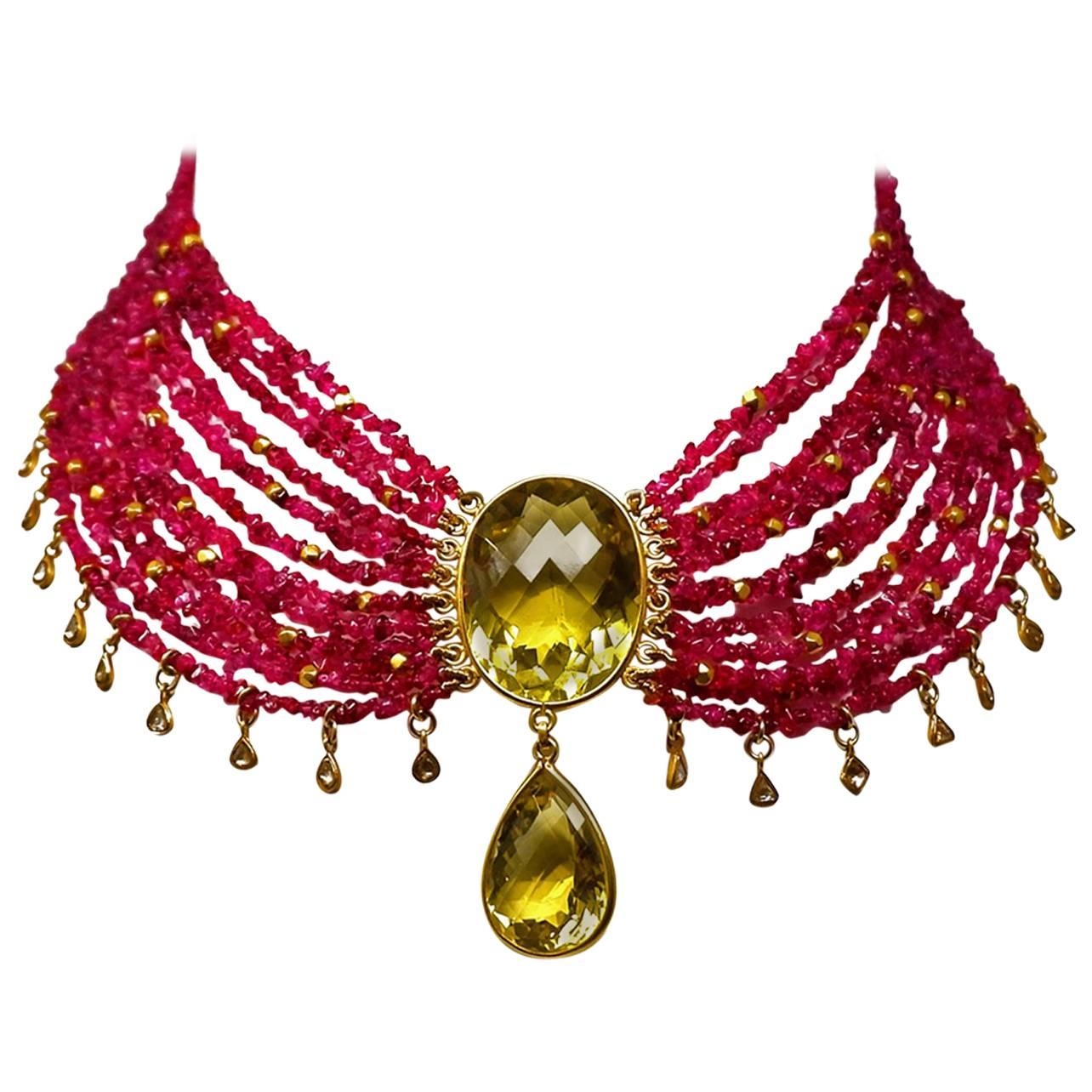 Ruby Diamond Citrine and Gold Bead Drop Necklace