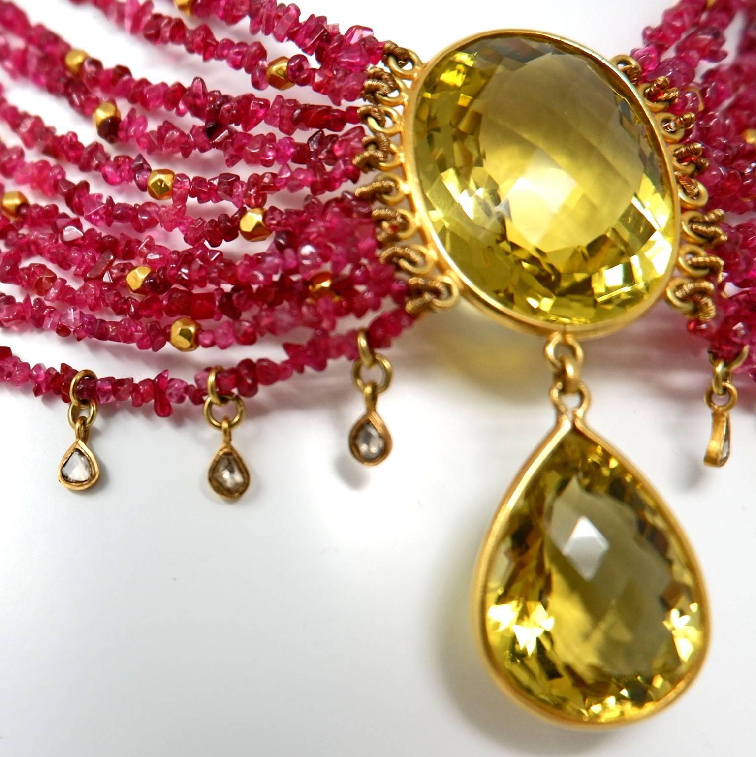 Contemporary Ruby Diamond Citrine and Gold Bead Drop Necklace