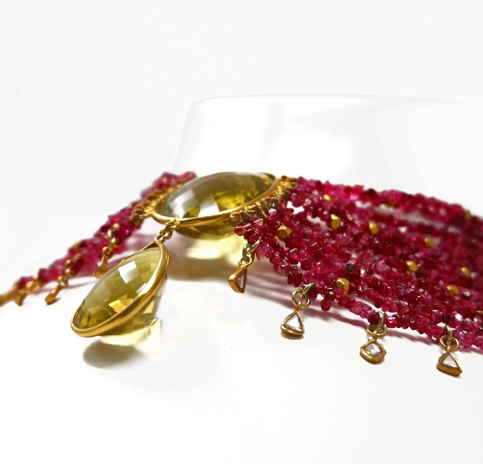 Ruby Diamond Citrine and Gold Bead Drop Necklace In New Condition In London, Stockholm