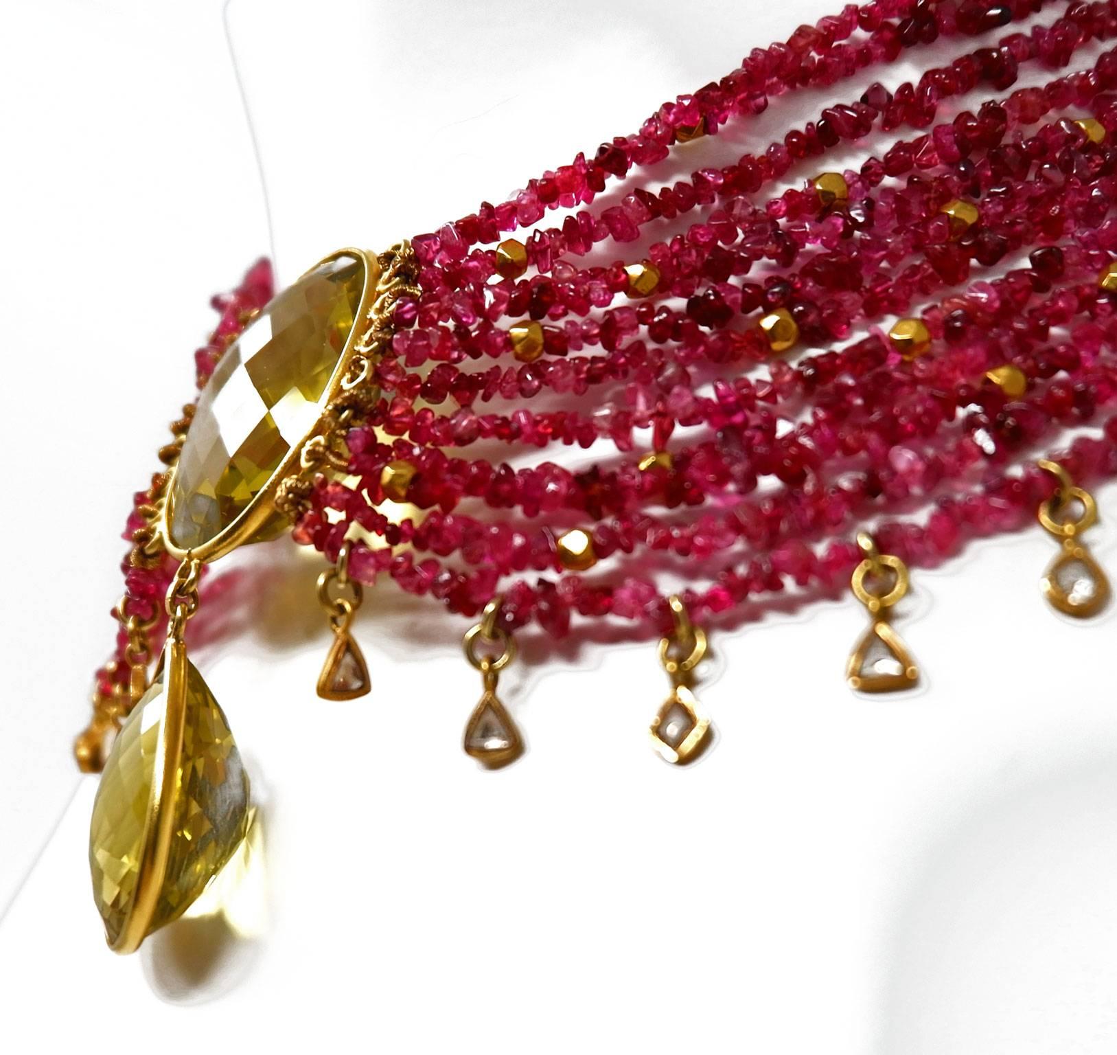 Women's Ruby Diamond Citrine and Gold Bead Drop Necklace