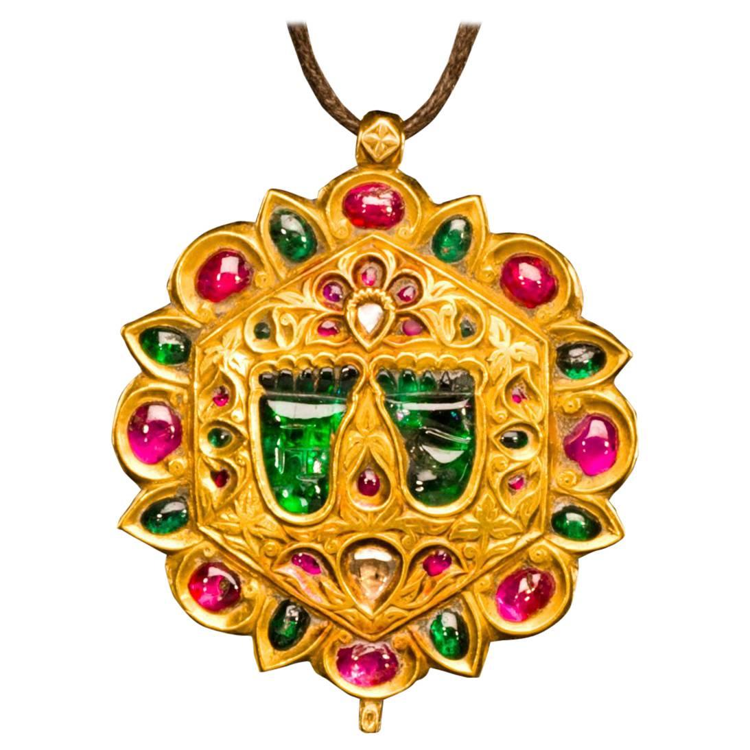Diamond Ruby and Gold Rajasthan Boho Pendant Necklace For Sale