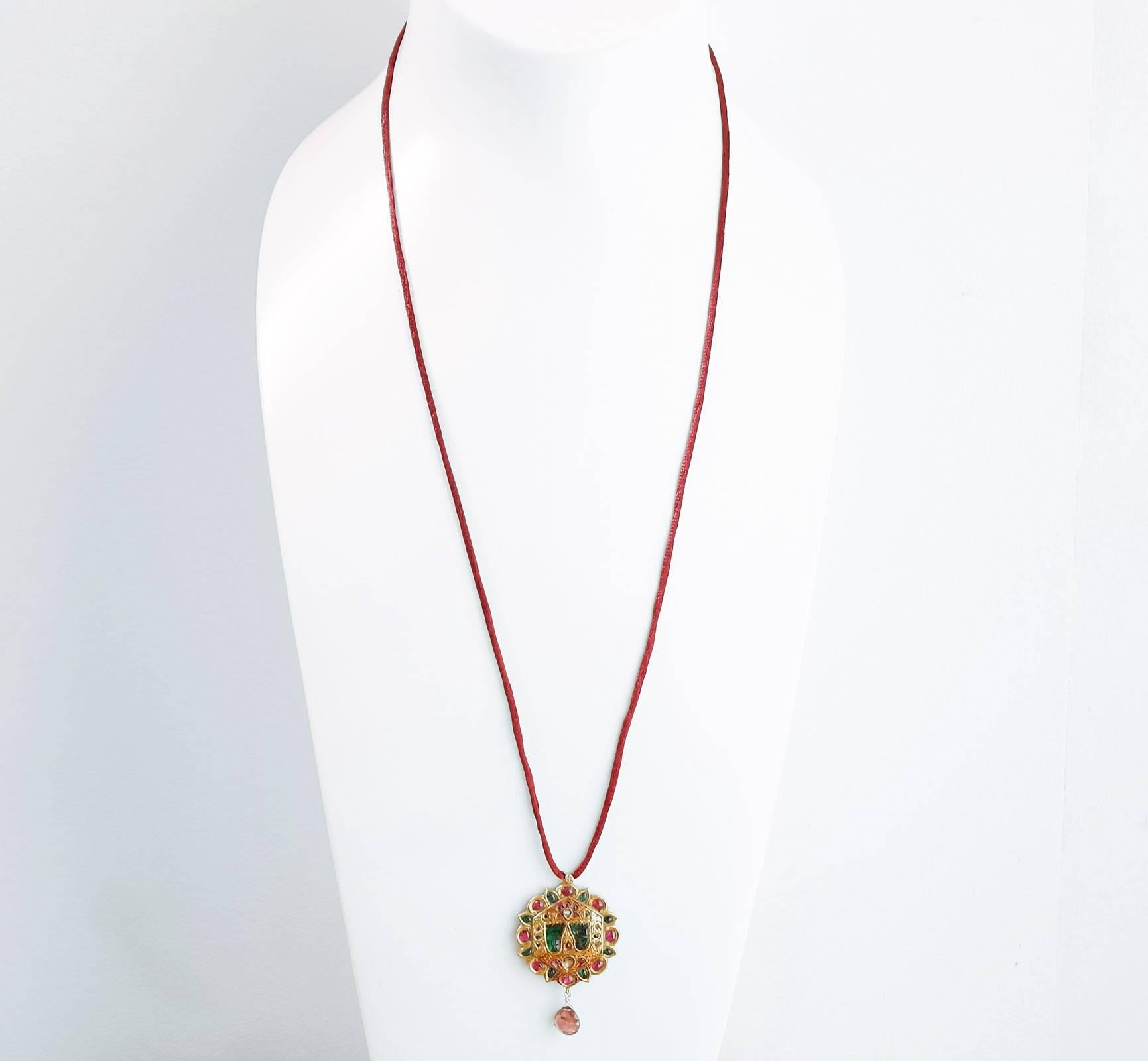 Contemporary Diamond Ruby and Gold Rajasthan Boho Pendant Necklace For Sale