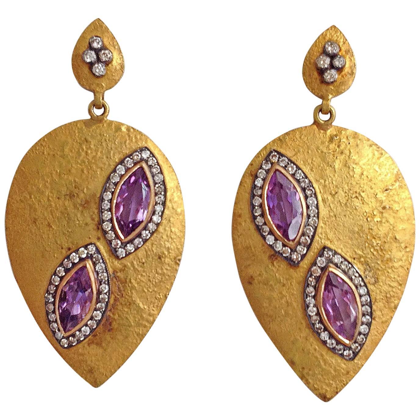 Dancing Apsara Diamond 18 Karat Yellow Gold Silver and Amethyst Earrings For Sale