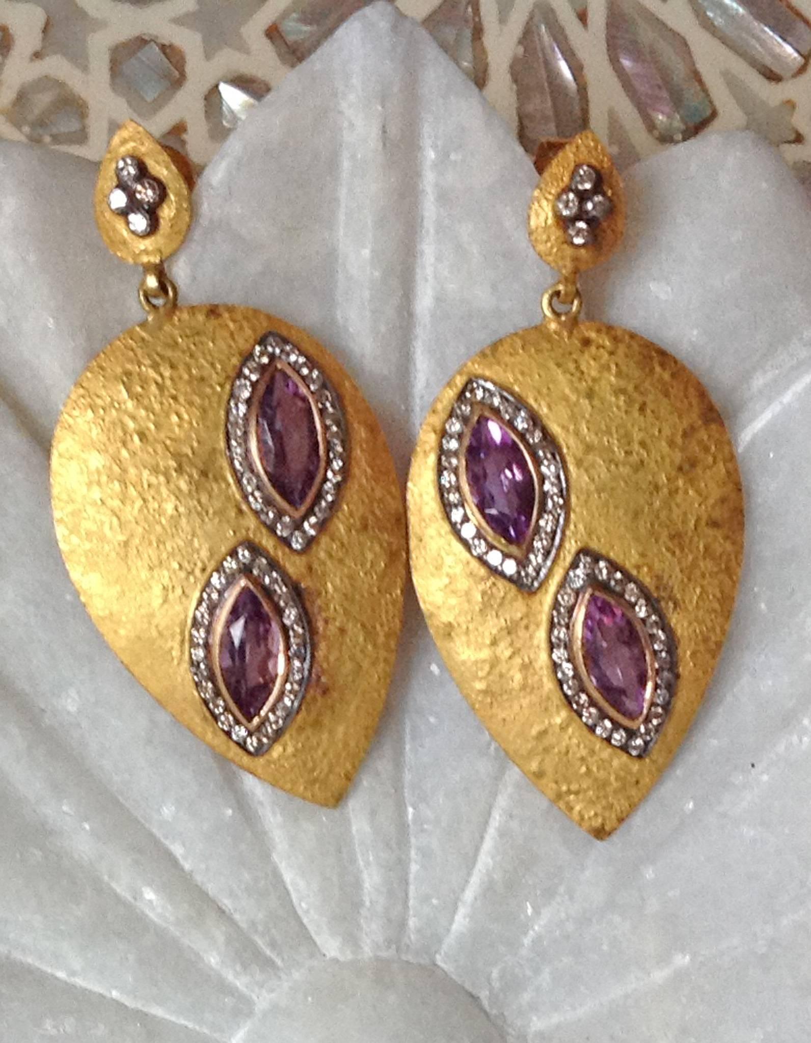 Contemporary Dancing Apsara Diamond 18 Karat Yellow Gold Silver and Amethyst Earrings For Sale