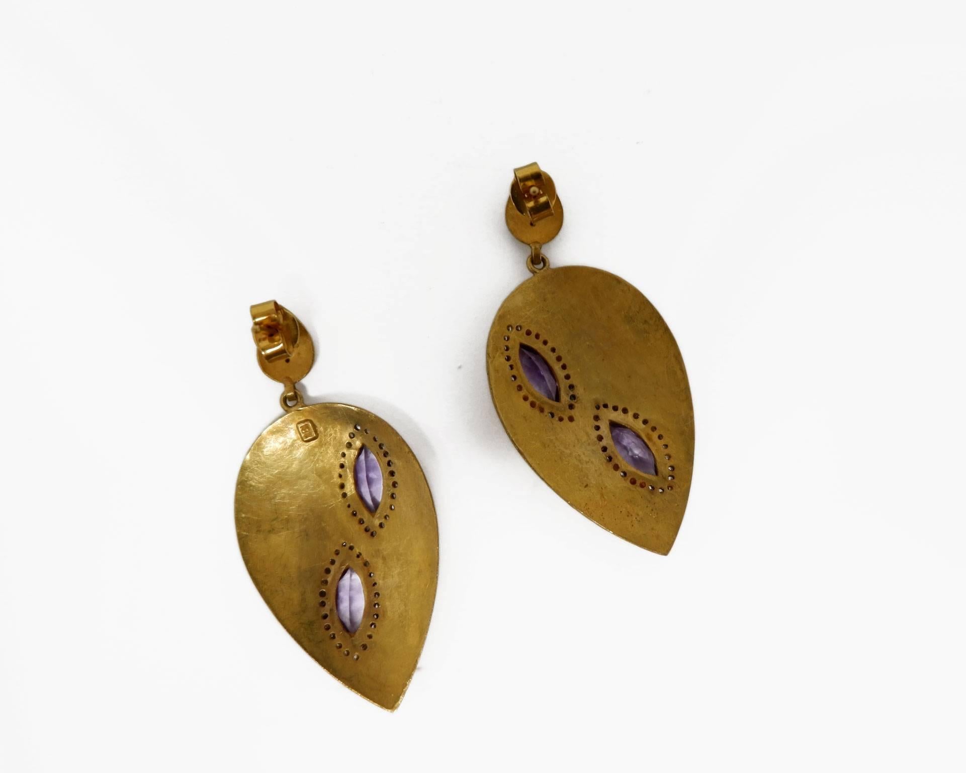 Marquise Cut Dancing Apsara Diamond 18 Karat Yellow Gold Silver and Amethyst Earrings For Sale