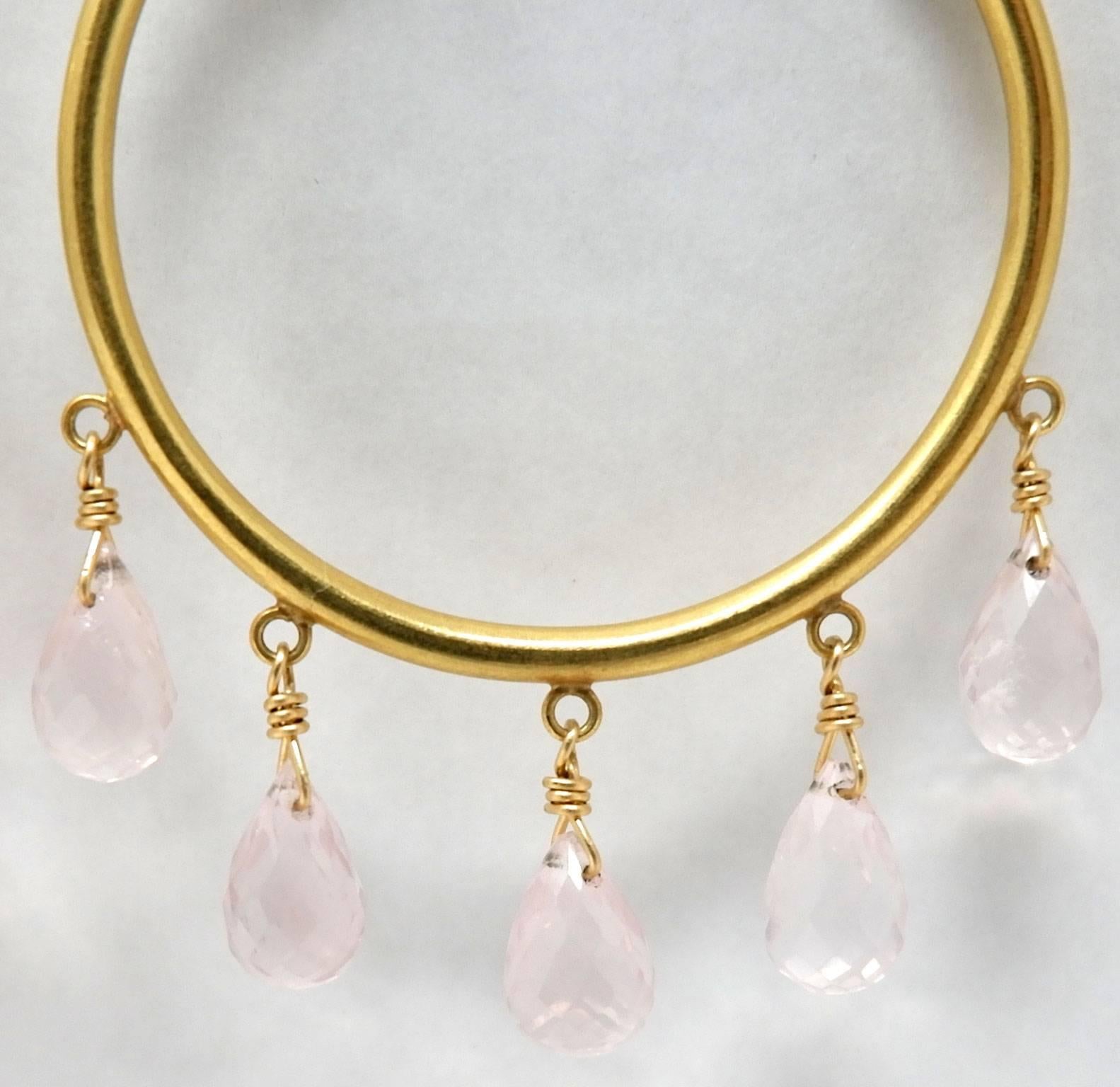 Gold and Rose Quartz Hoop Bead Earrings In Excellent Condition In London, Stockholm