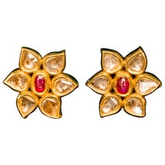 Diamond Spinel and Gold Flower Stud Earrings