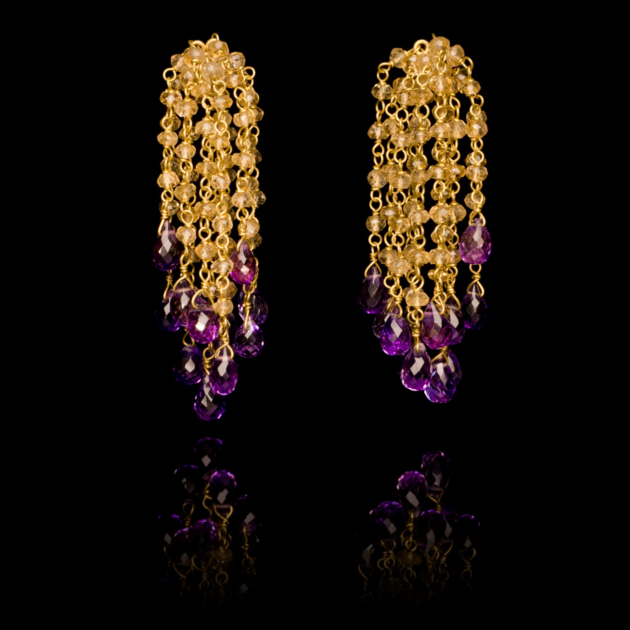 Contemporary 18 Karat Citrine and Amethyst Gold Bead Earrings For Sale