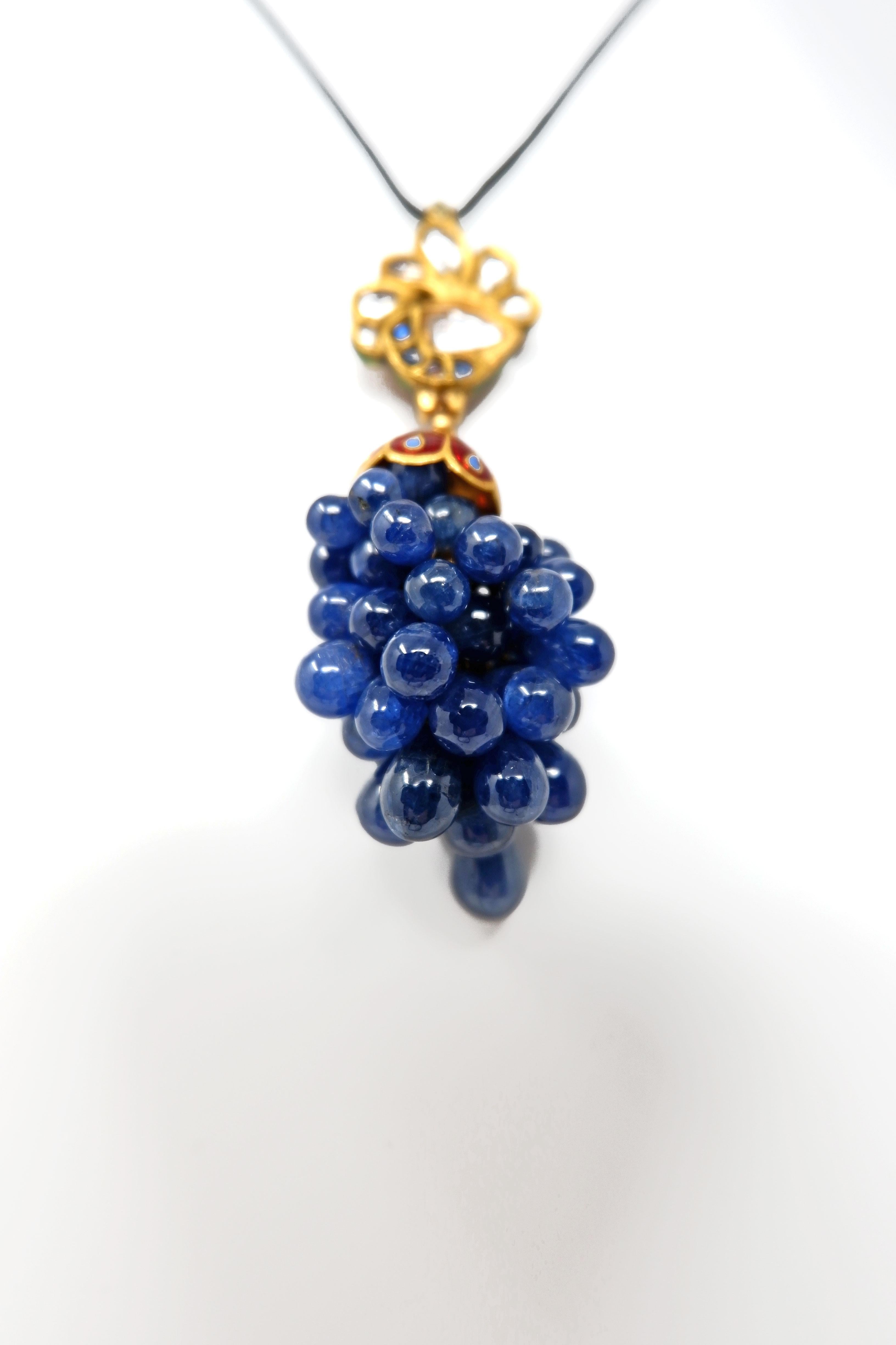 Contemporary Enamel Blue Sapphire Diamond and Gold Peacock Pendant Necklace For Sale