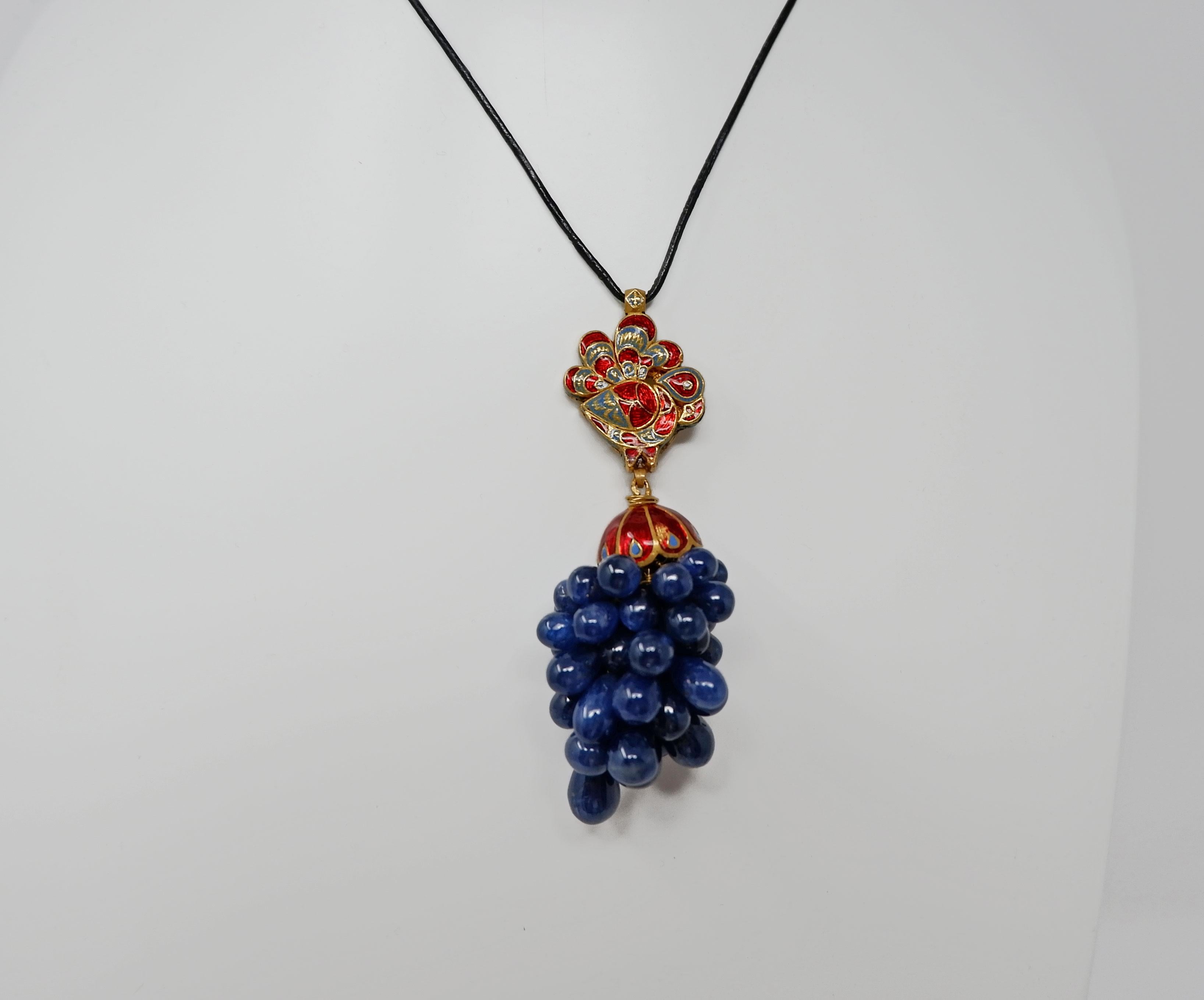Women's or Men's Enamel Blue Sapphire Diamond and Gold Peacock Pendant Necklace For Sale