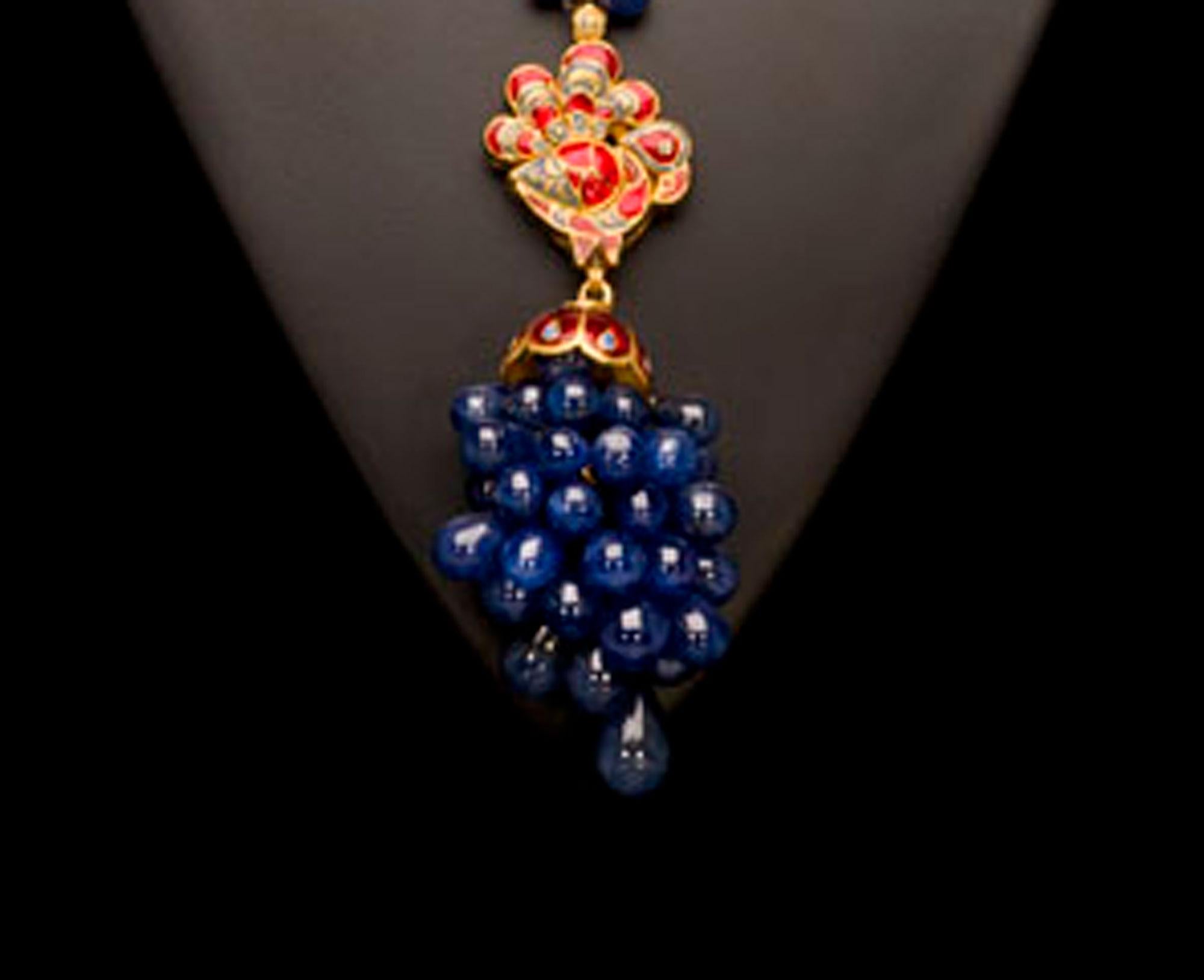 Enamel Blue Sapphire Diamond and Gold Peacock Pendant Necklace For Sale 1