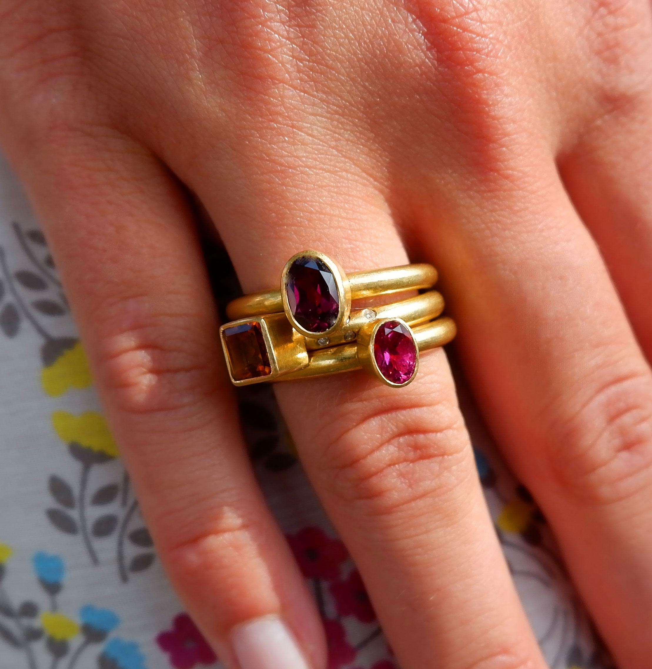 Contemporary Tourmaline and 18 Karat Yellow Gold Stacking Ring For Sale