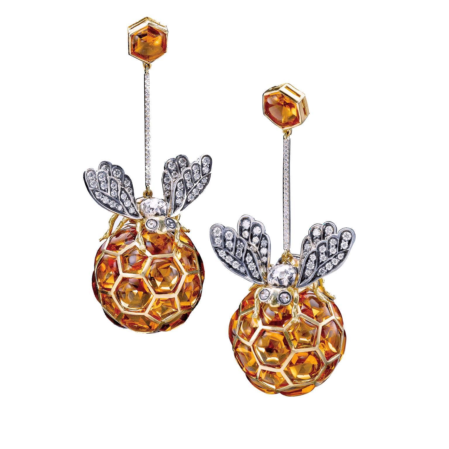 Ark Design Diamonds, Citrines, Yellow Gold, Silver, Drop Earrings For Sale