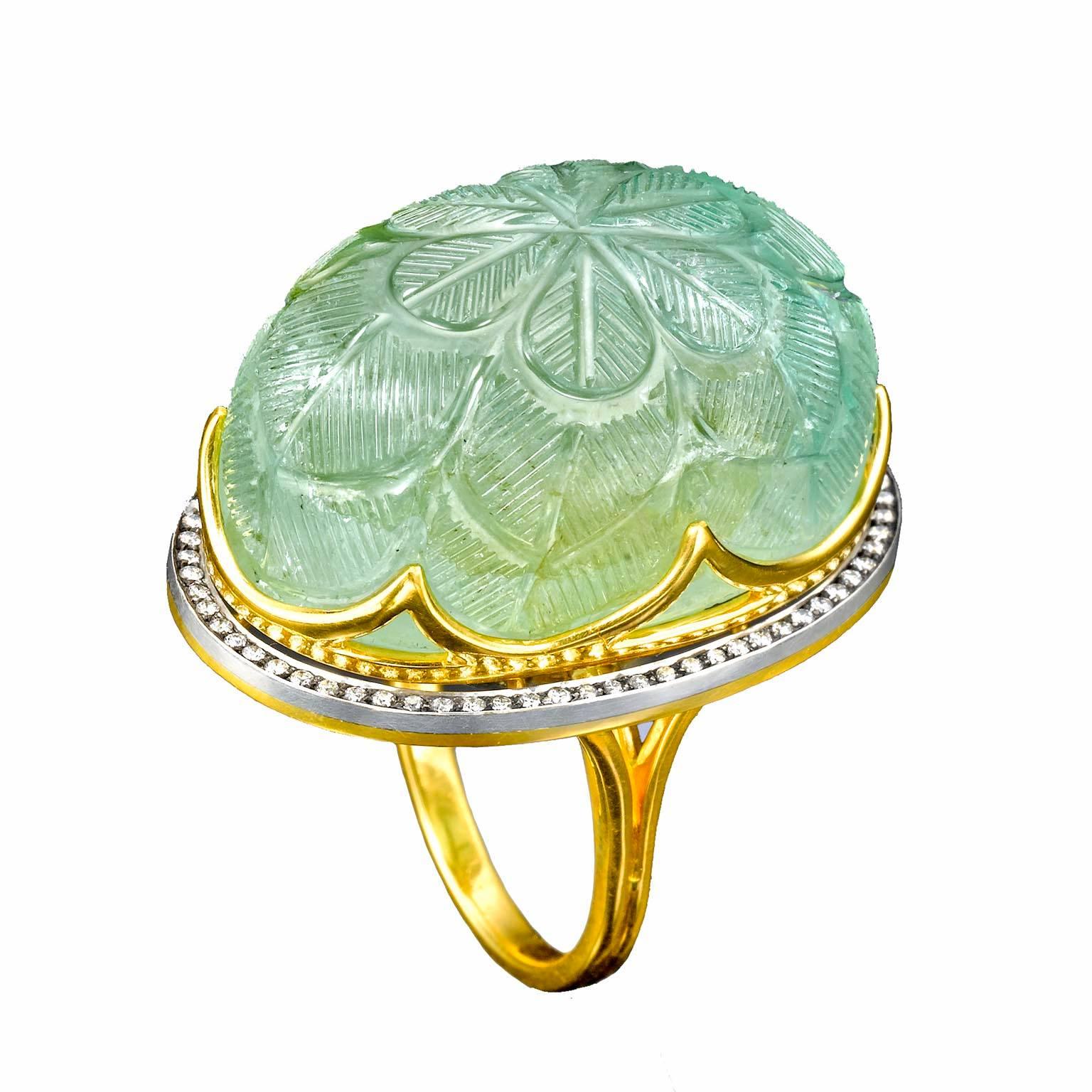 Ark Design, Emerald, Diamonds and Yellow Gold Ring For Sale