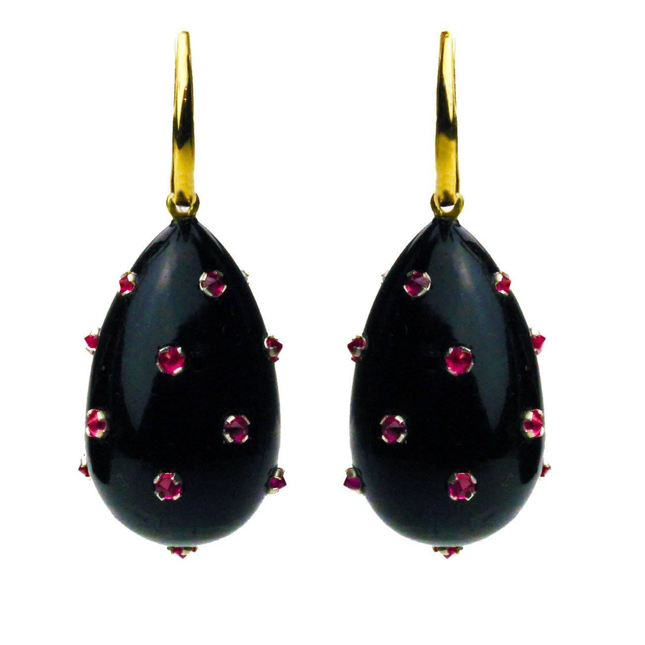 Ark Design, Jade, Rubies and Gold Drop Earrings For Sale