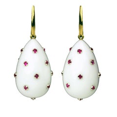 Ark Design, White Agate, Rubies and Gold Drop Earrings